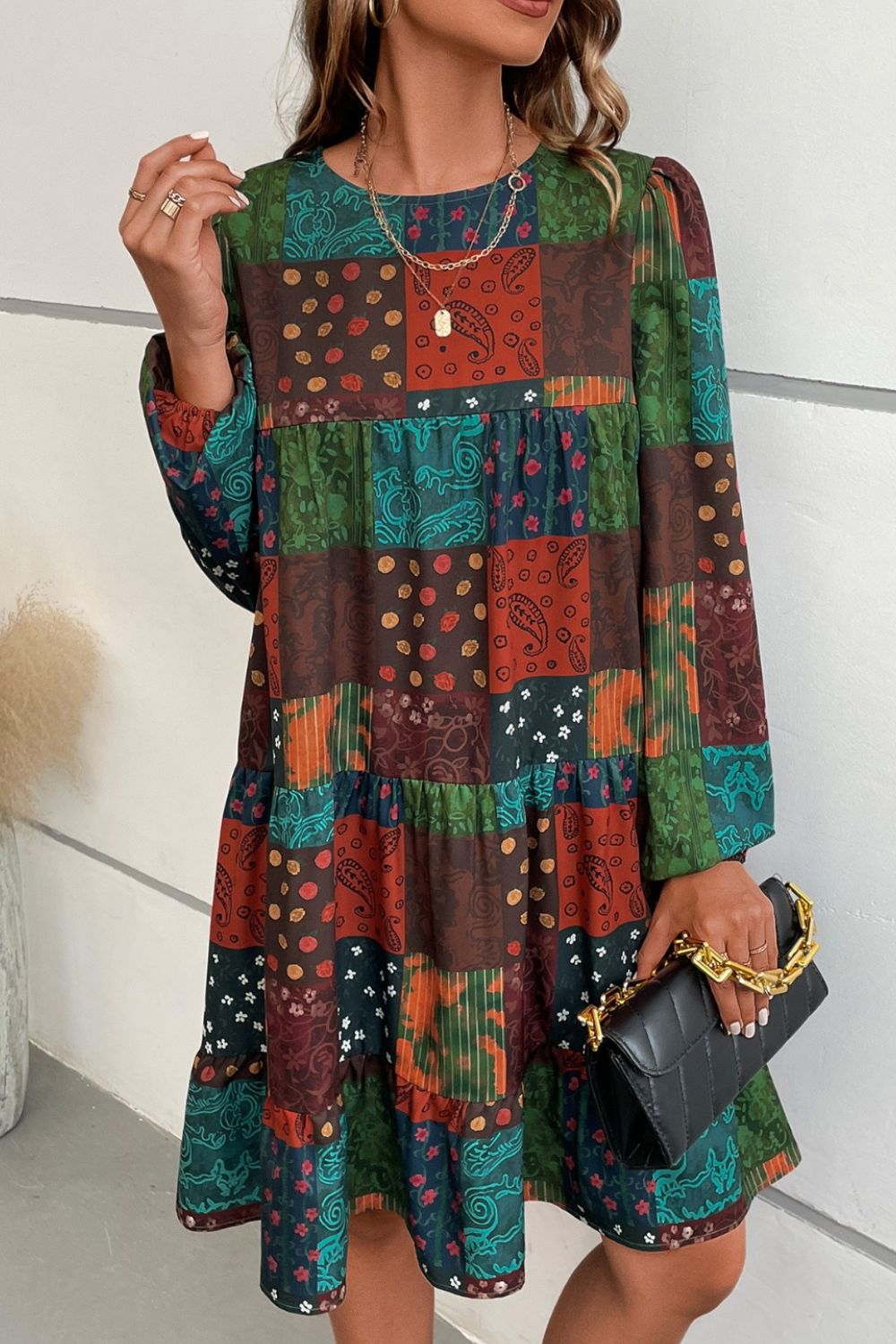 Printed Balloon Sleeve Tiered Dress - Tantalize Boutique