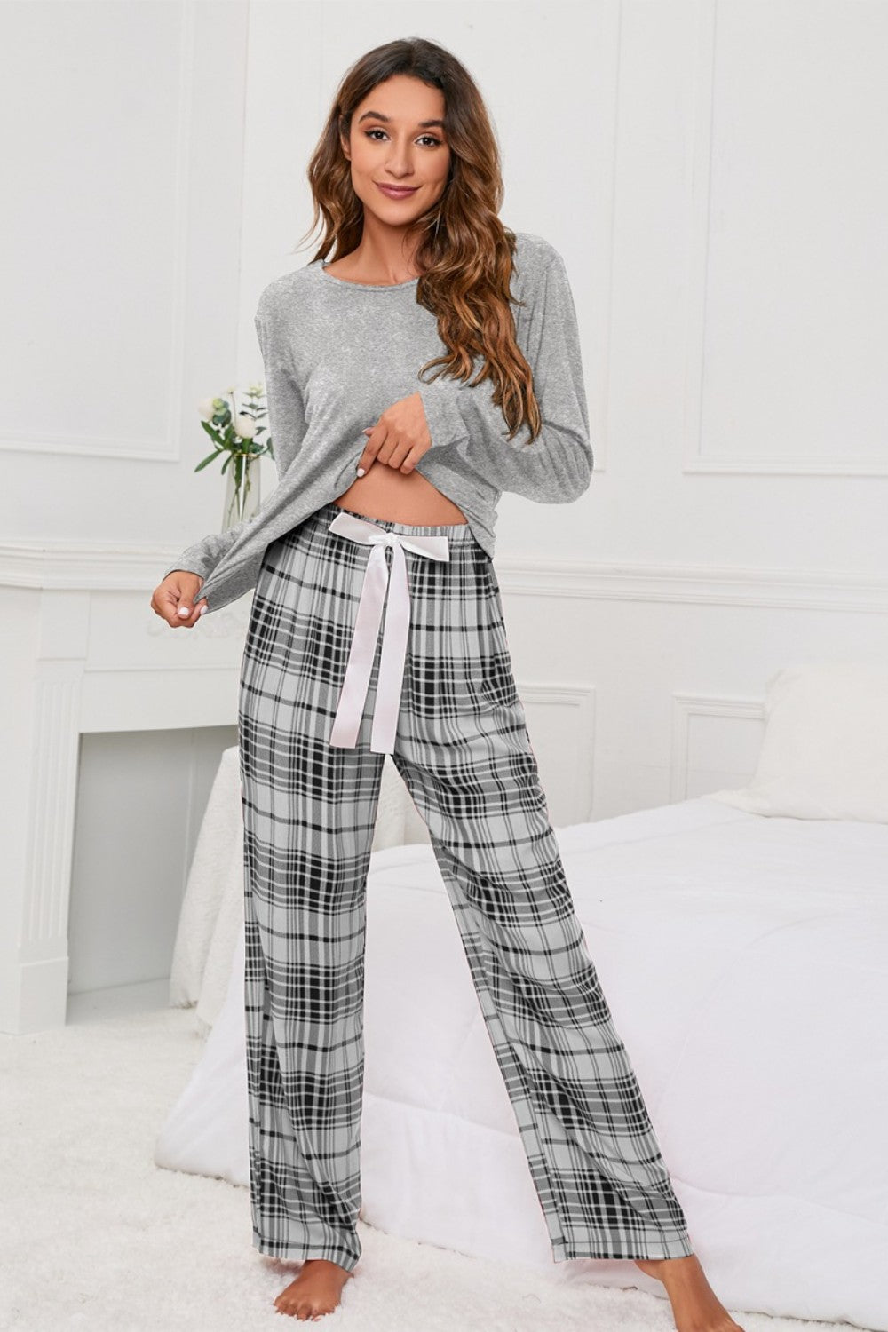 Round Neck Long Sleeve Top and Bow Plaid Pants Lounge Set - Tantalize Boutique