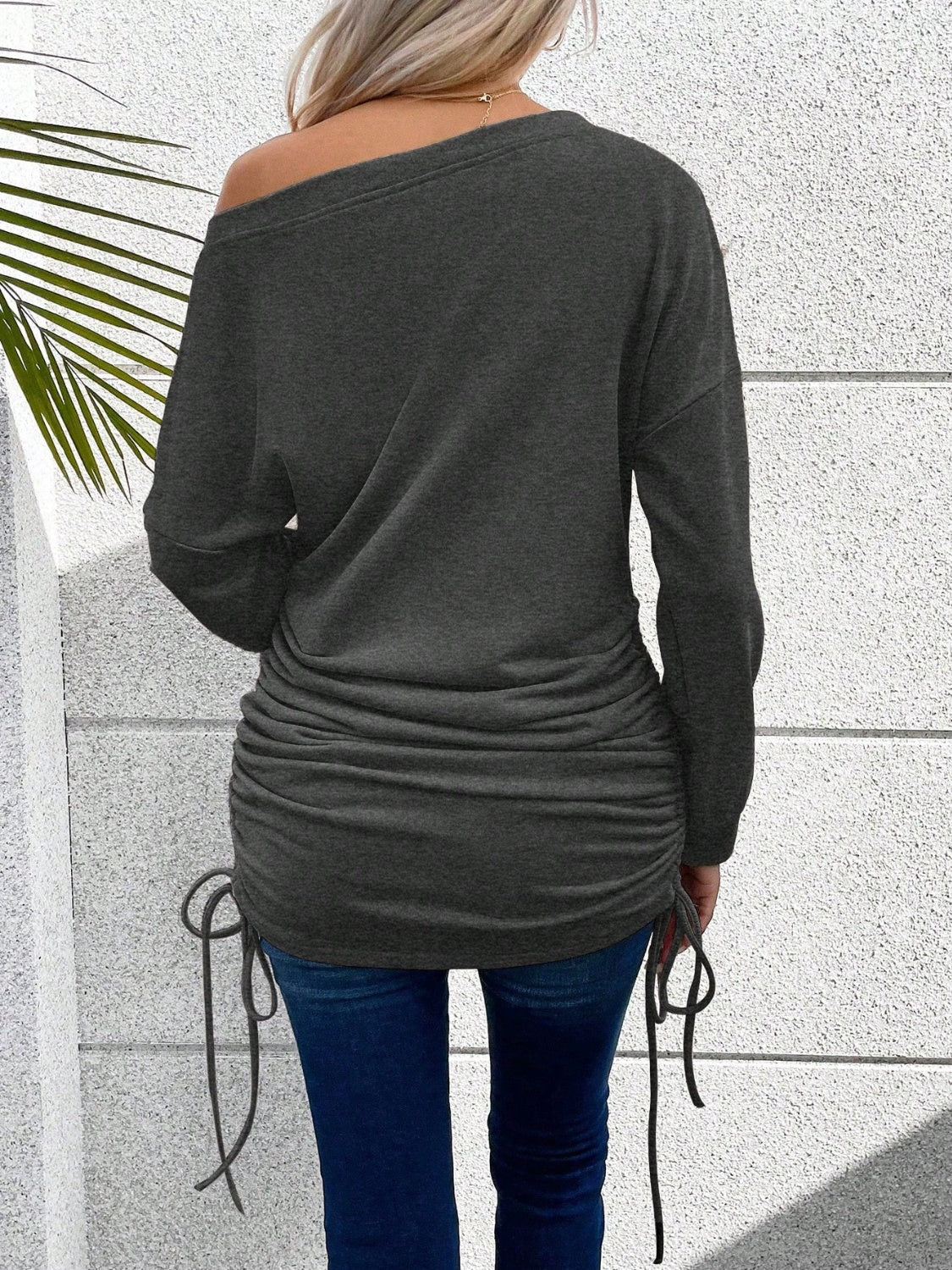 Ruched Single Shoulder Long Sleeve T-Shirt - Tantalize Boutique