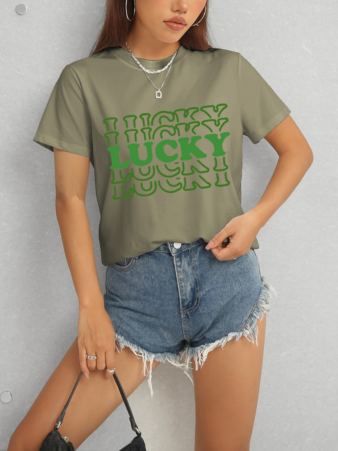 LUCKY Round Neck Short Sleeve T-Shirt - Tantalize Boutique