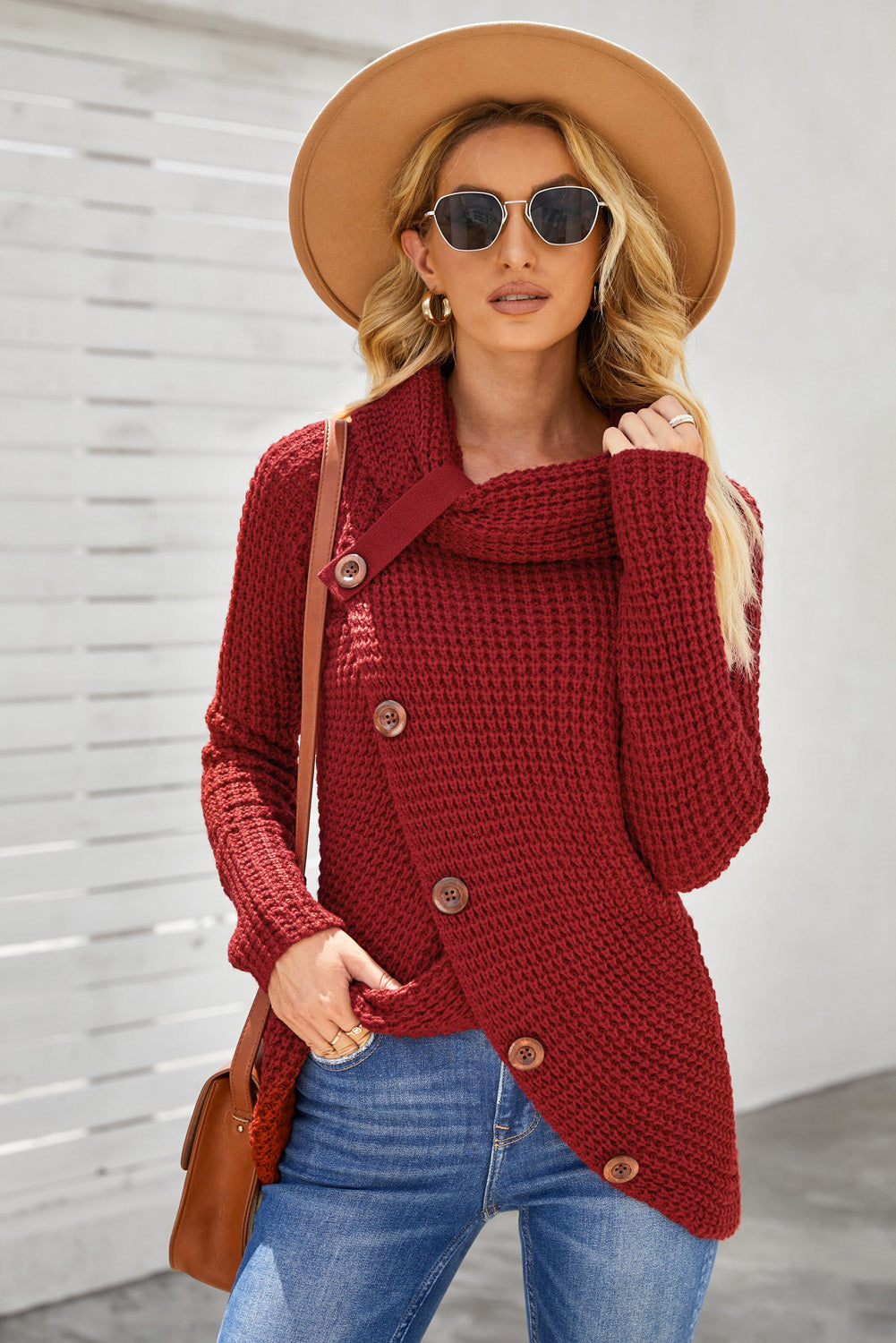 Decorative Button Mock Neck Sweater - Tantalize Boutique