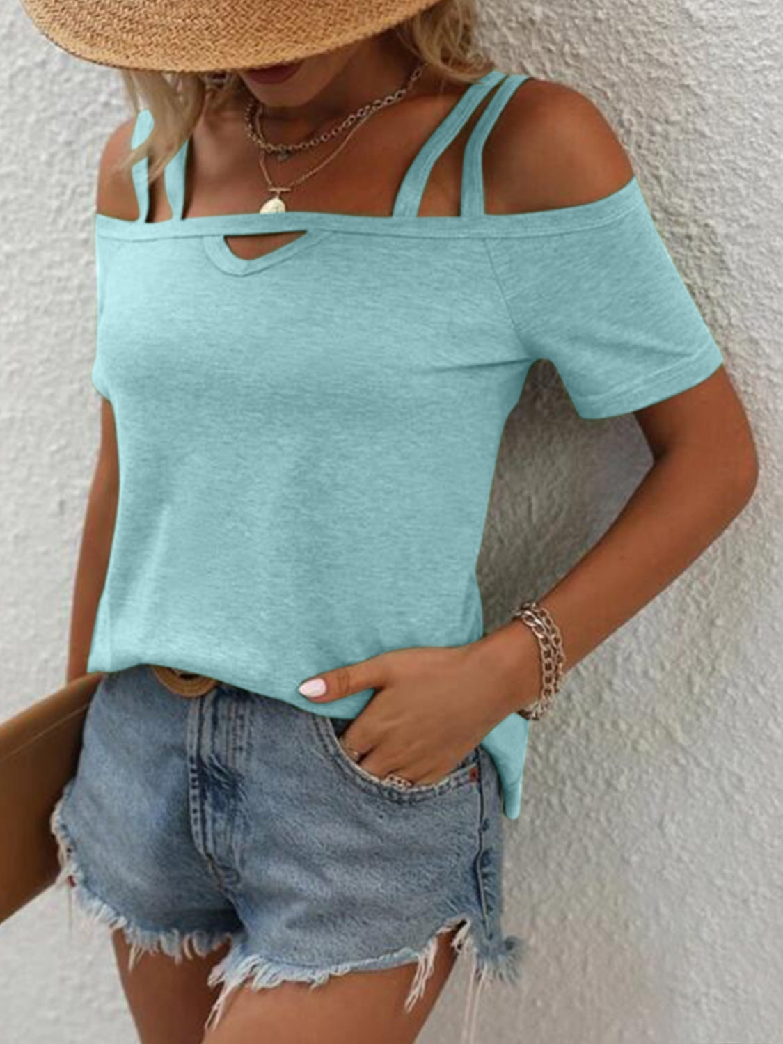 Double Spaghetti Straps Short Sleeve T-Shirt - Tantalize Boutique