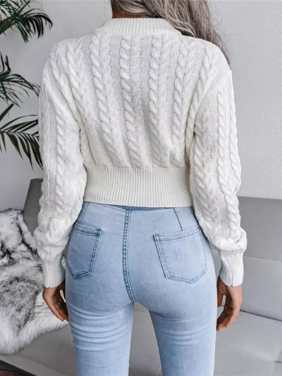 Cable-Knit Round Neck Cropped Sweater - Tantalize Boutique