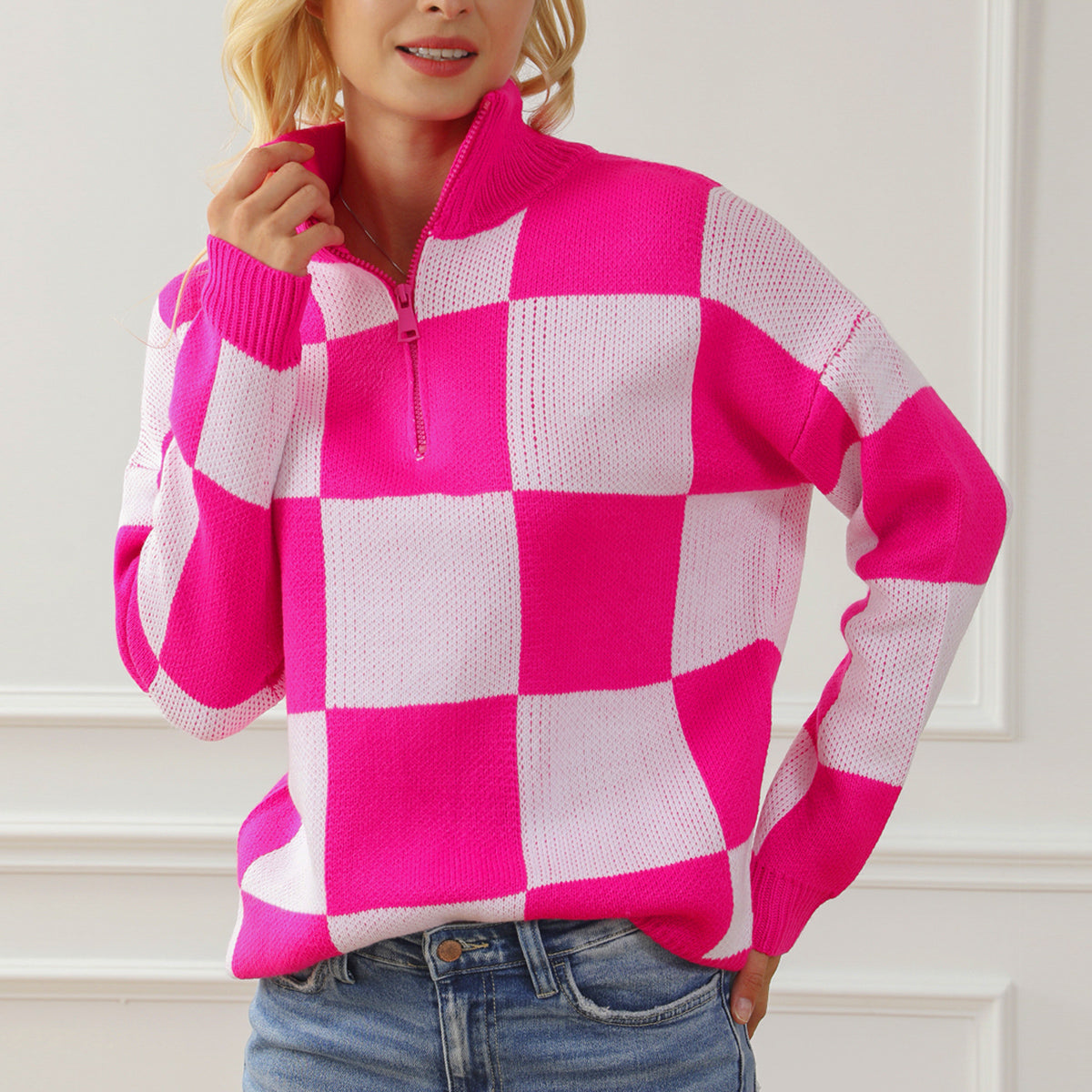 Checkered Half Zip Long Sleeve Sweater - Tantalize Boutique