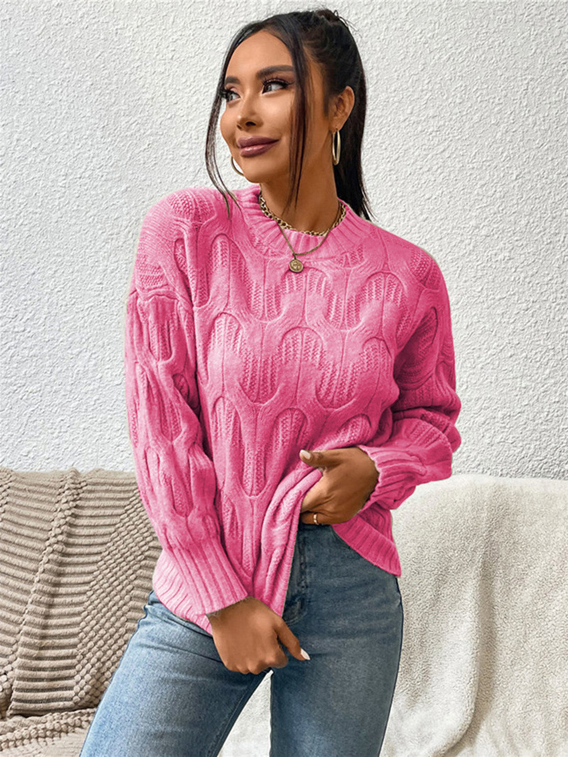 Round Neck Long Sleeve Sweater - Tantalize Boutique