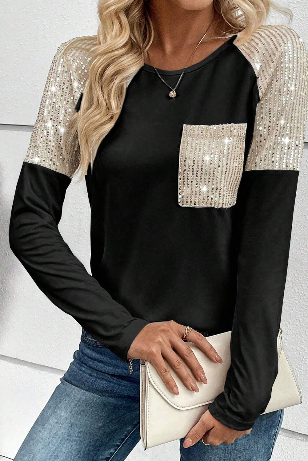 Sequin Round Neck Long Sleeve T-Shirt - Tantalize Boutique