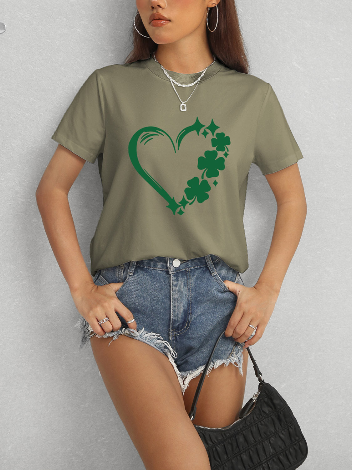 Heart Lucky Clover Round Neck Short Sleeve T-Shirt - Tantalize Boutique