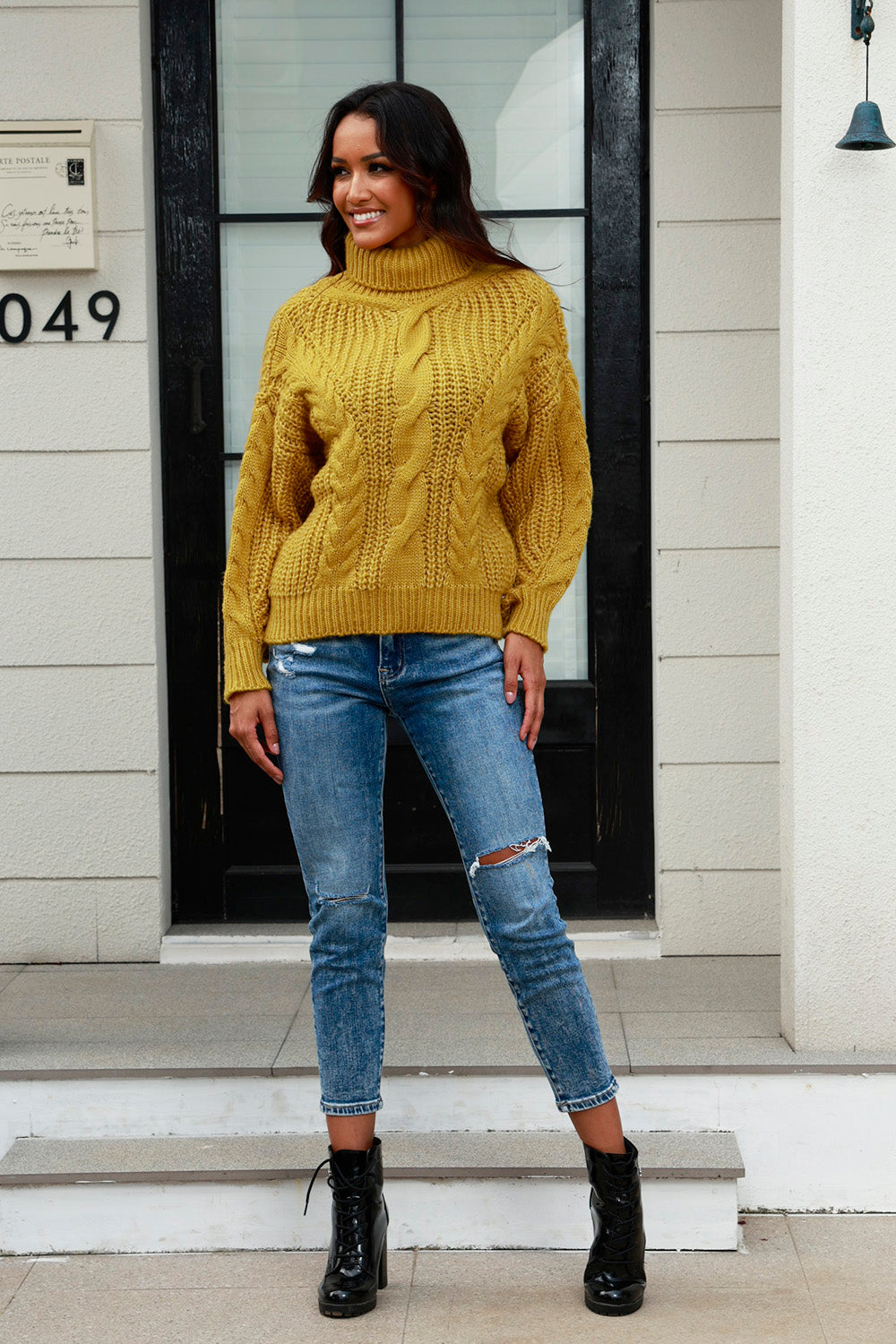 Cable-Knit Turtleneck Long Sleeve Sweater - Tantalize Boutique
