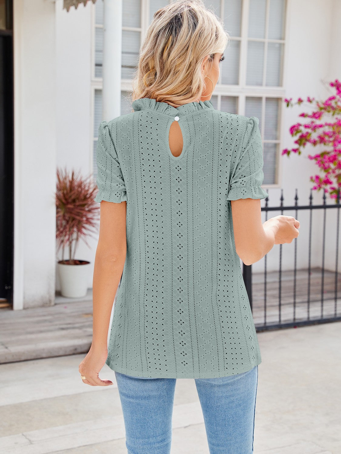 Eyelet Frill Mock Neck Flounce Sleeve Blouse - Tantalize Boutique