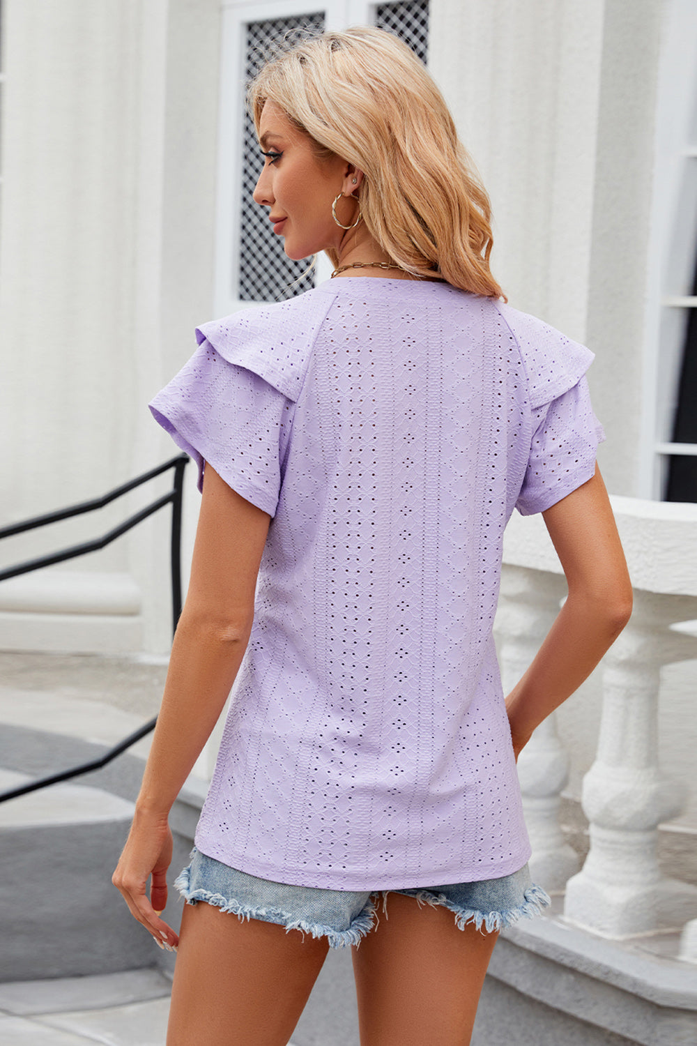Eyelet Notched Short Sleeve T-Shirt - Tantalize Boutique