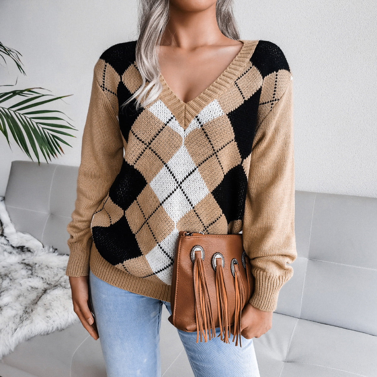 Geometric V-Neck Sweater - Tantalize Boutique