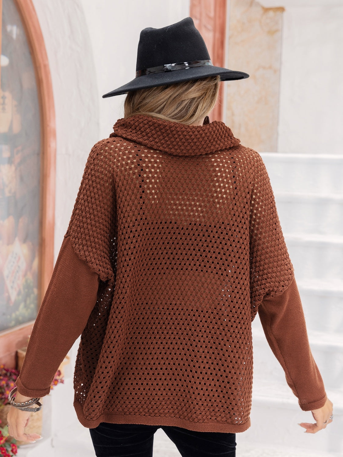 Openwork Mock Neck Dropped Shoulder Sweater - Tantalize Boutique