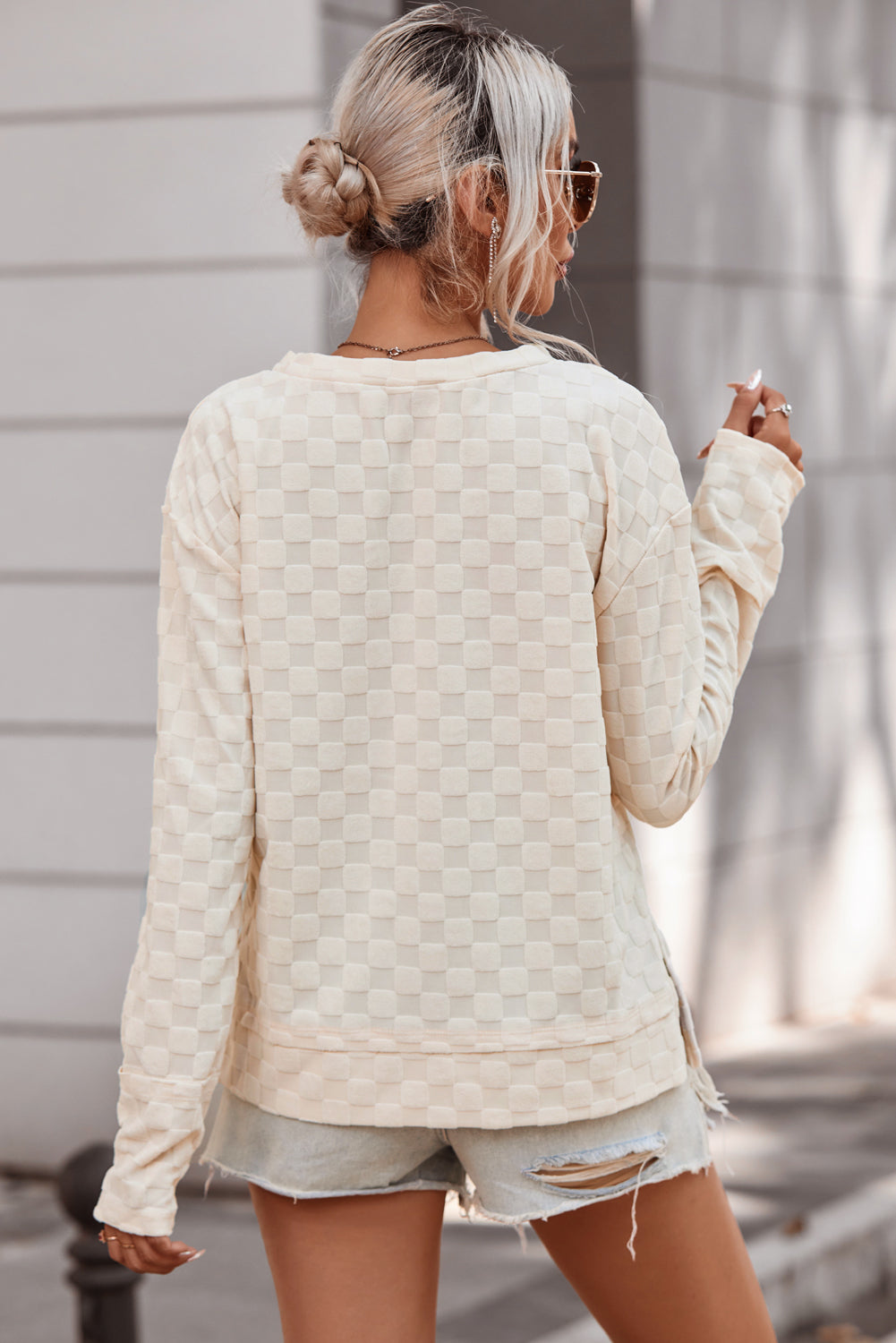 Checkered Round Neck Long Sleeve T-Shirt - Tantalize Boutique