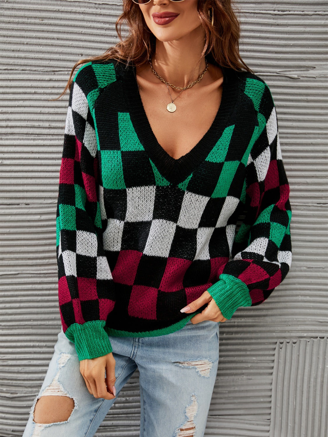 Checkered V-Neck Lantern Sleeve Sweater - Tantalize Boutique