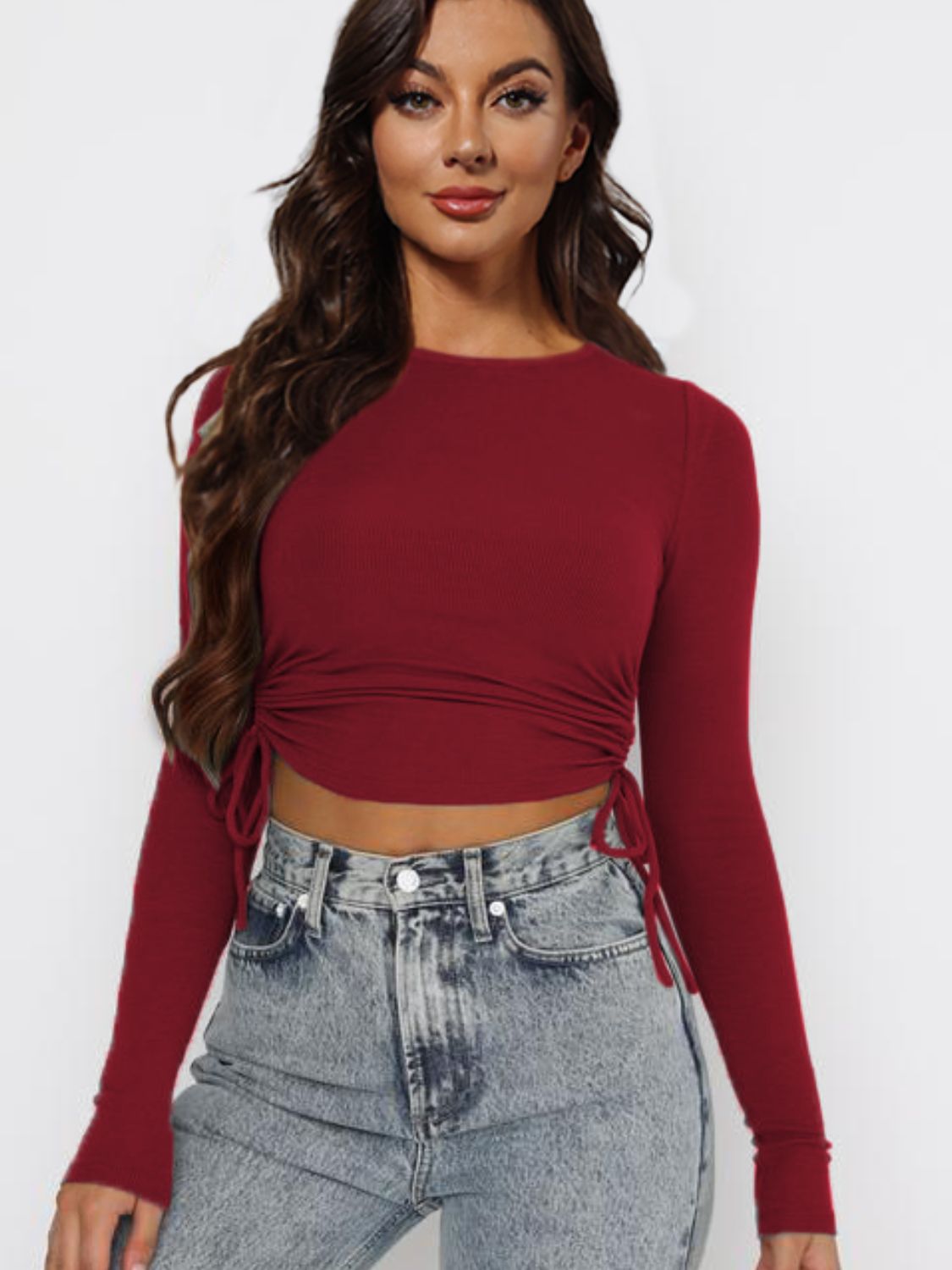 Drawstring Round Neck Long Sleeve Top - Tantalize Boutique