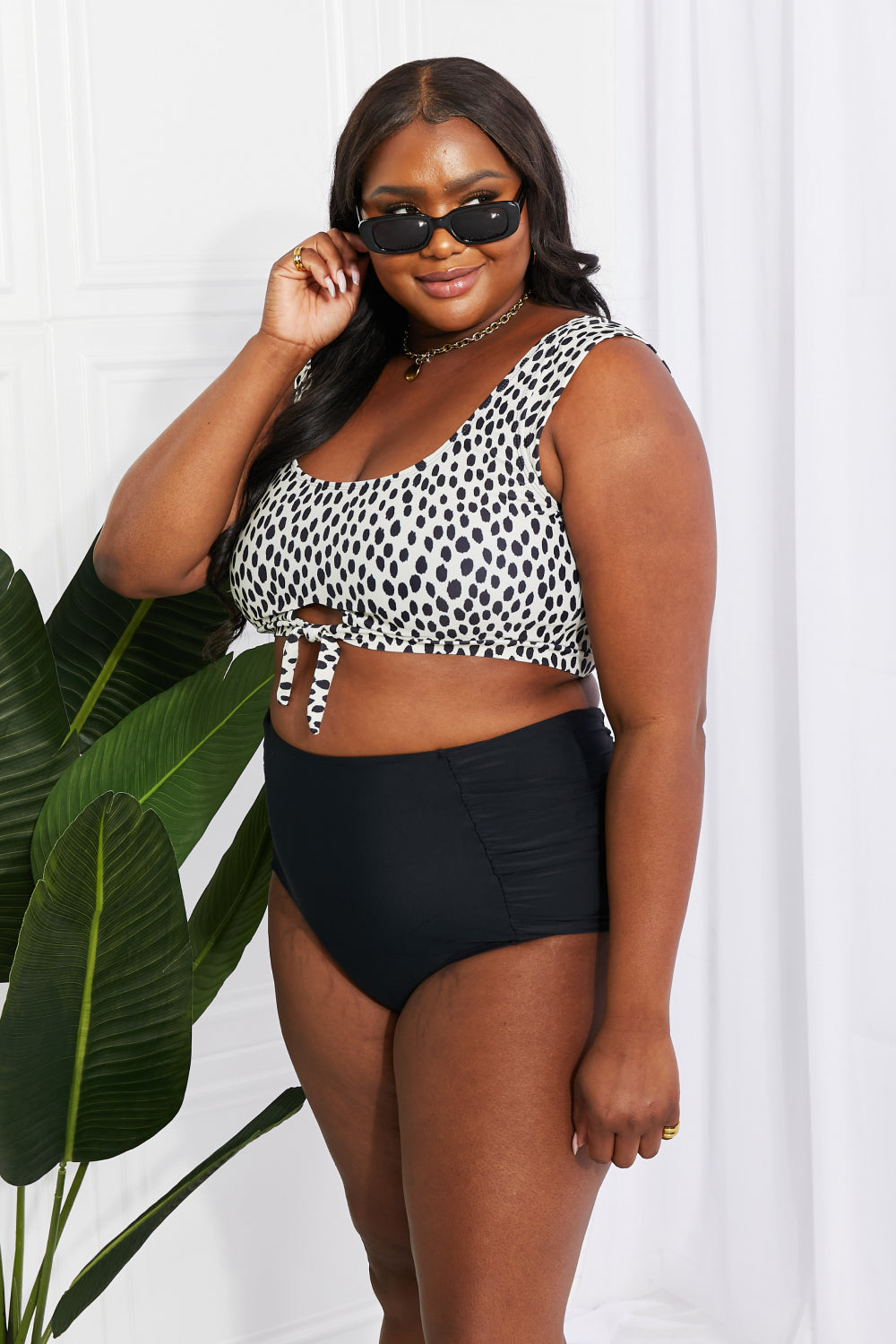 Marina West Swim Sanibel Crop Swim Top and Ruched Bottoms Set in Black - Tantalize Boutique