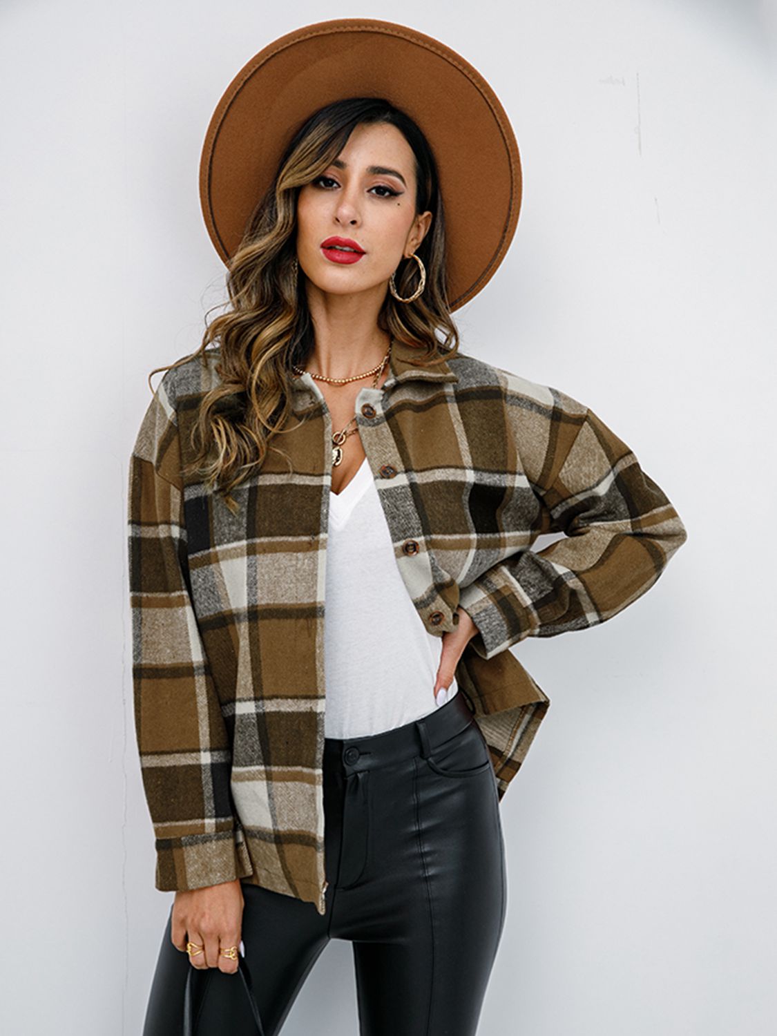 Plaid Button Up Collared Neck Jacket - Tantalize Boutique