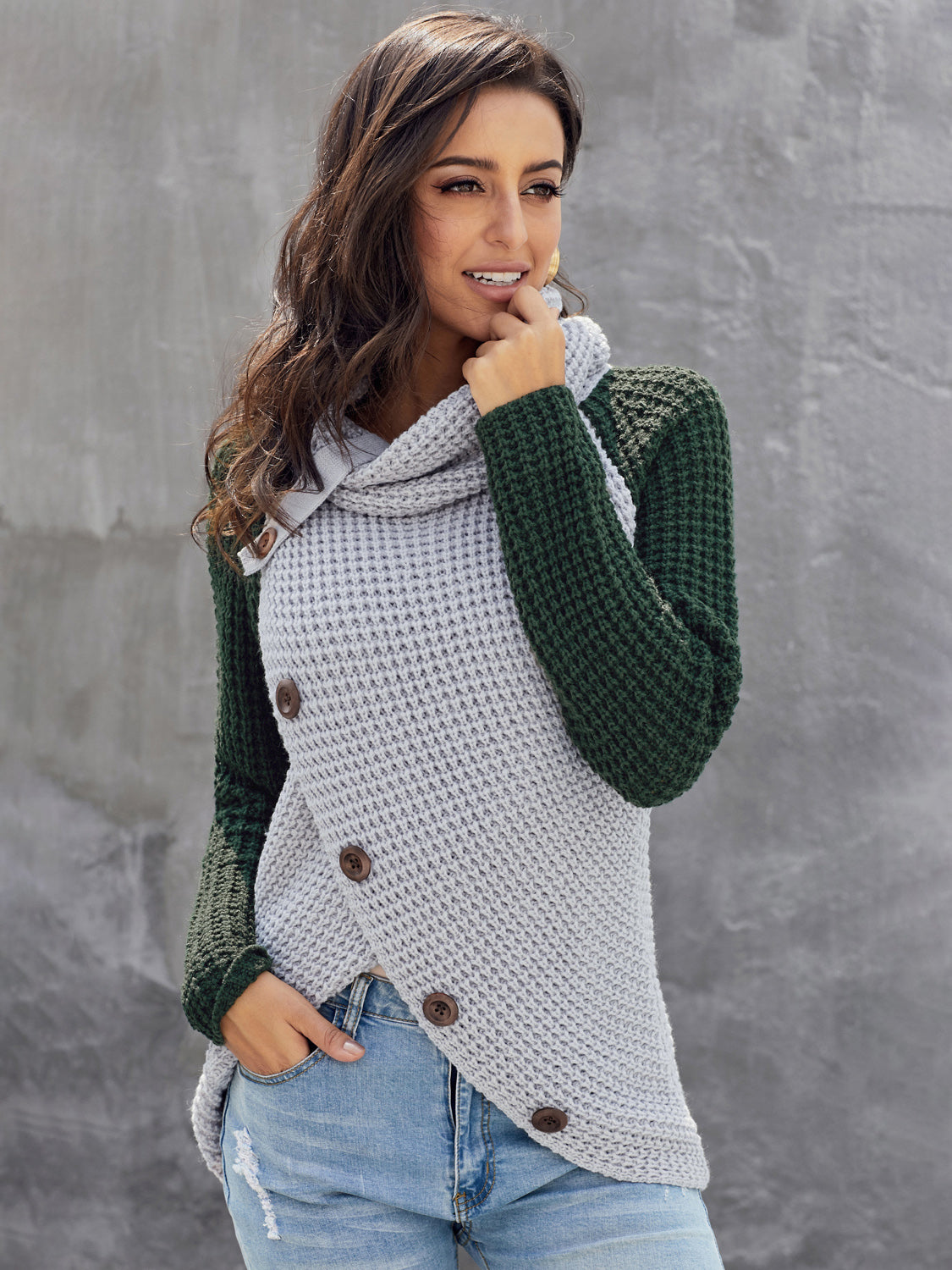 Contrast Decorative Button Turtleneck Sweater - Tantalize Boutique