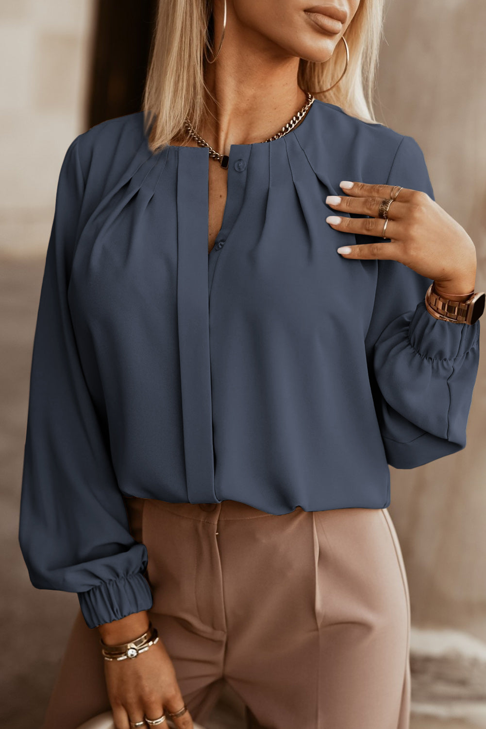 Button Up Round Neck Long Sleeve Shirt - Tantalize Boutique