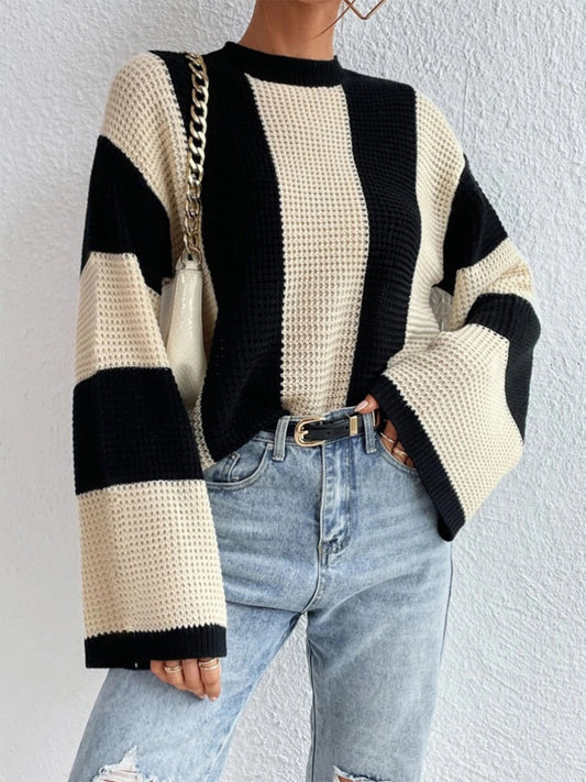 Striped Mock Neck Long Sleeve Sweater - Tantalize Boutique