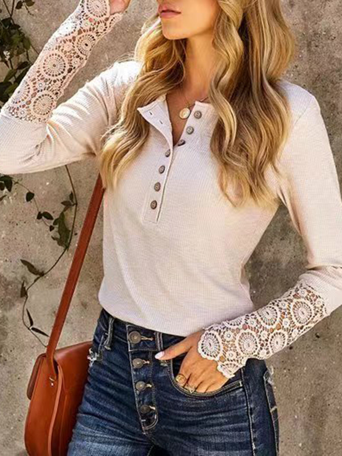 Lace Detail Half Button Long Sleve Knit Top - Tantalize Boutique