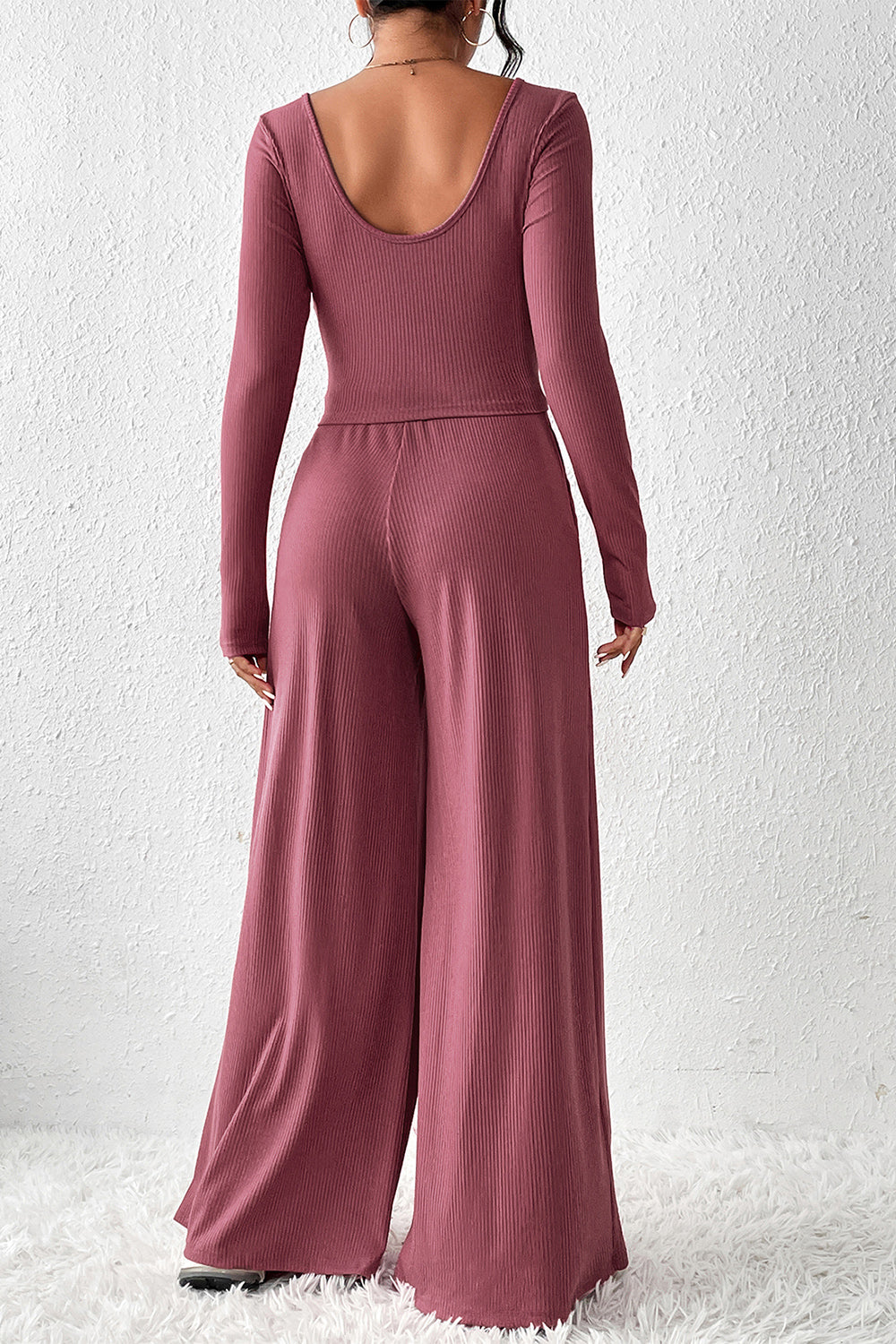 Ribbed Round Neck Top and Wide-Leg Pants Set - Tantalize Boutique