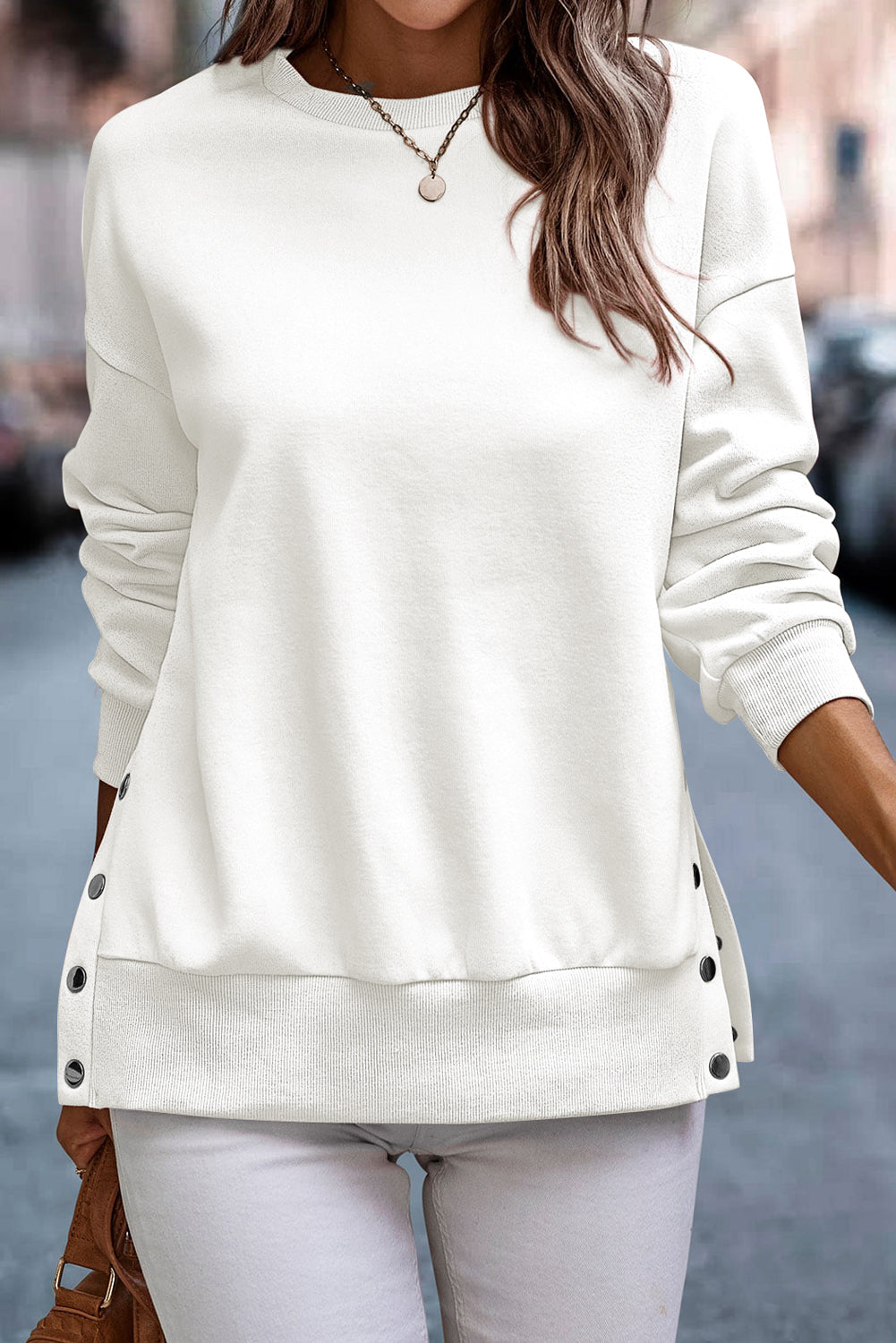 Snap Detail Round Neck Dropped Shoulder Sweatshirt - Tantalize Boutique