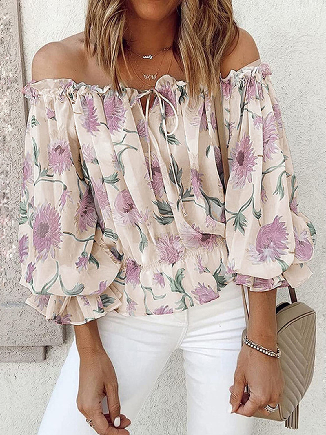 Floral Off-Shoulder Flounce Sleeve Blouse - Tantalize Boutique