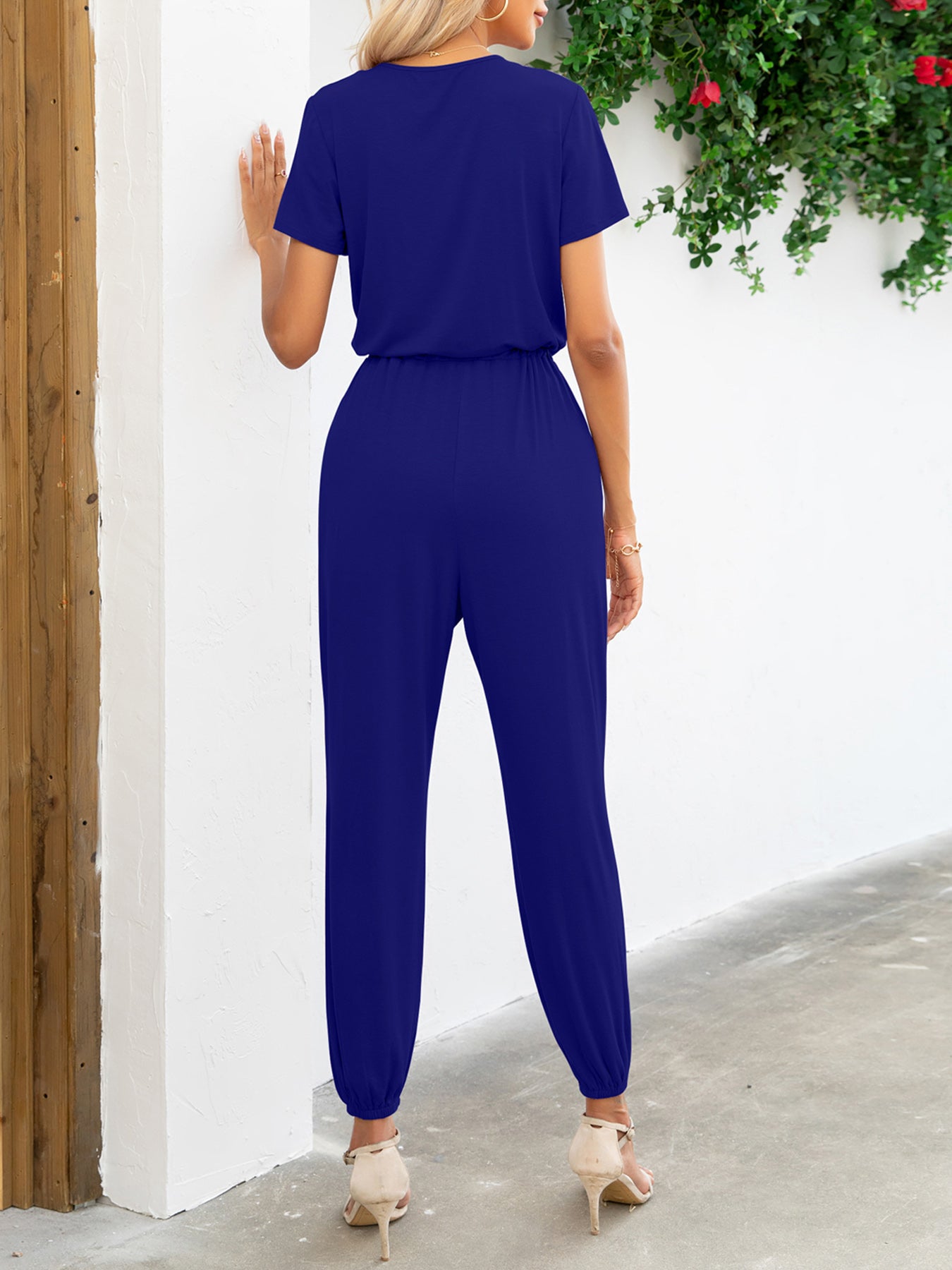 Short Sleeve V-Neck Jumpsuit with Pockets - Tantalize Boutique