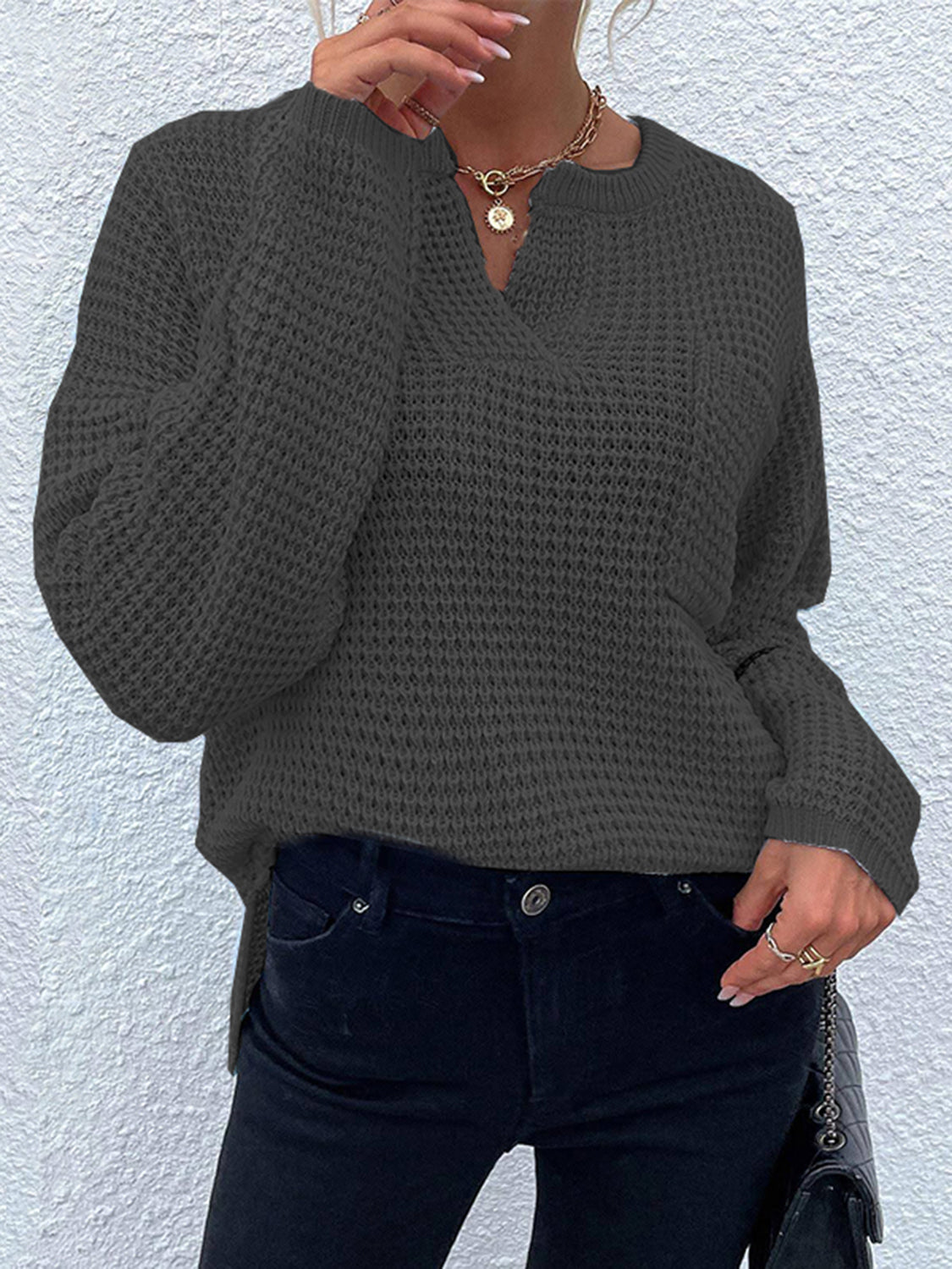 Notched Long Sleeve Sweater - Tantalize Boutique