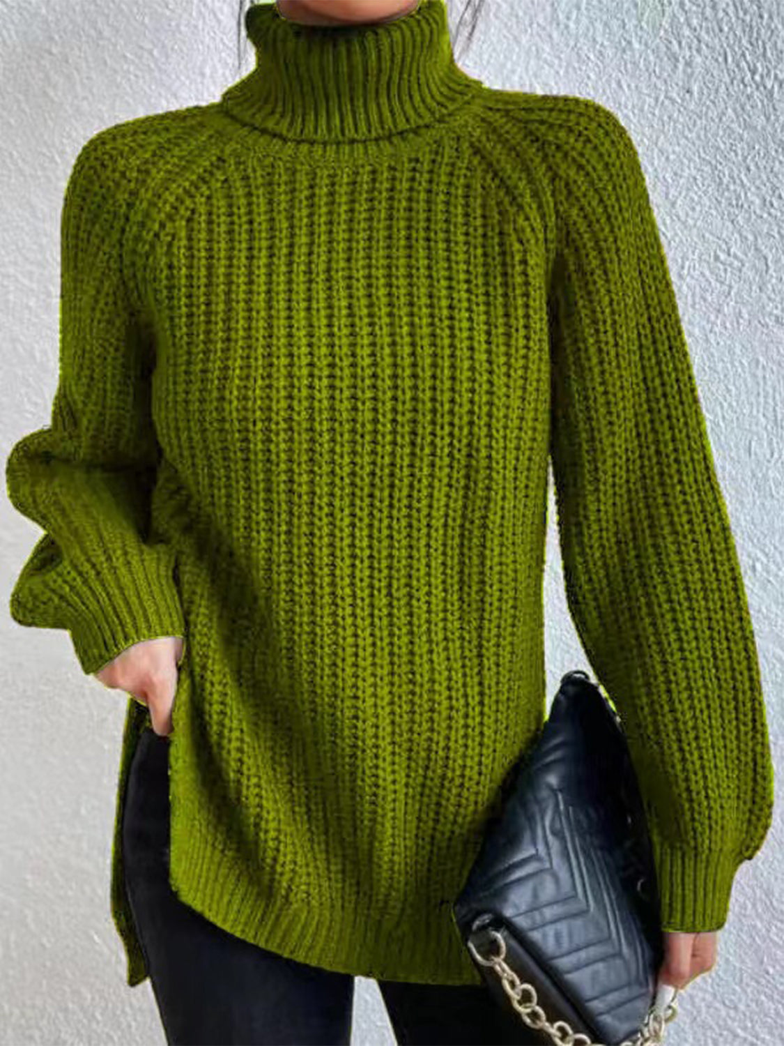 Full Size Turtleneck Rib-Knit Slit Sweater - Tantalize Boutique