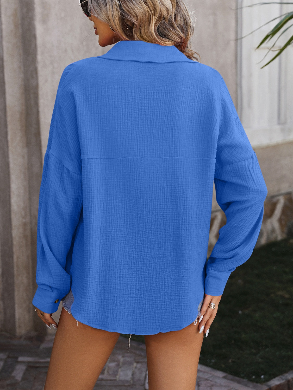 Textured Pocketed Button Up Dropped Shoulder Shirt - Tantalize Boutique