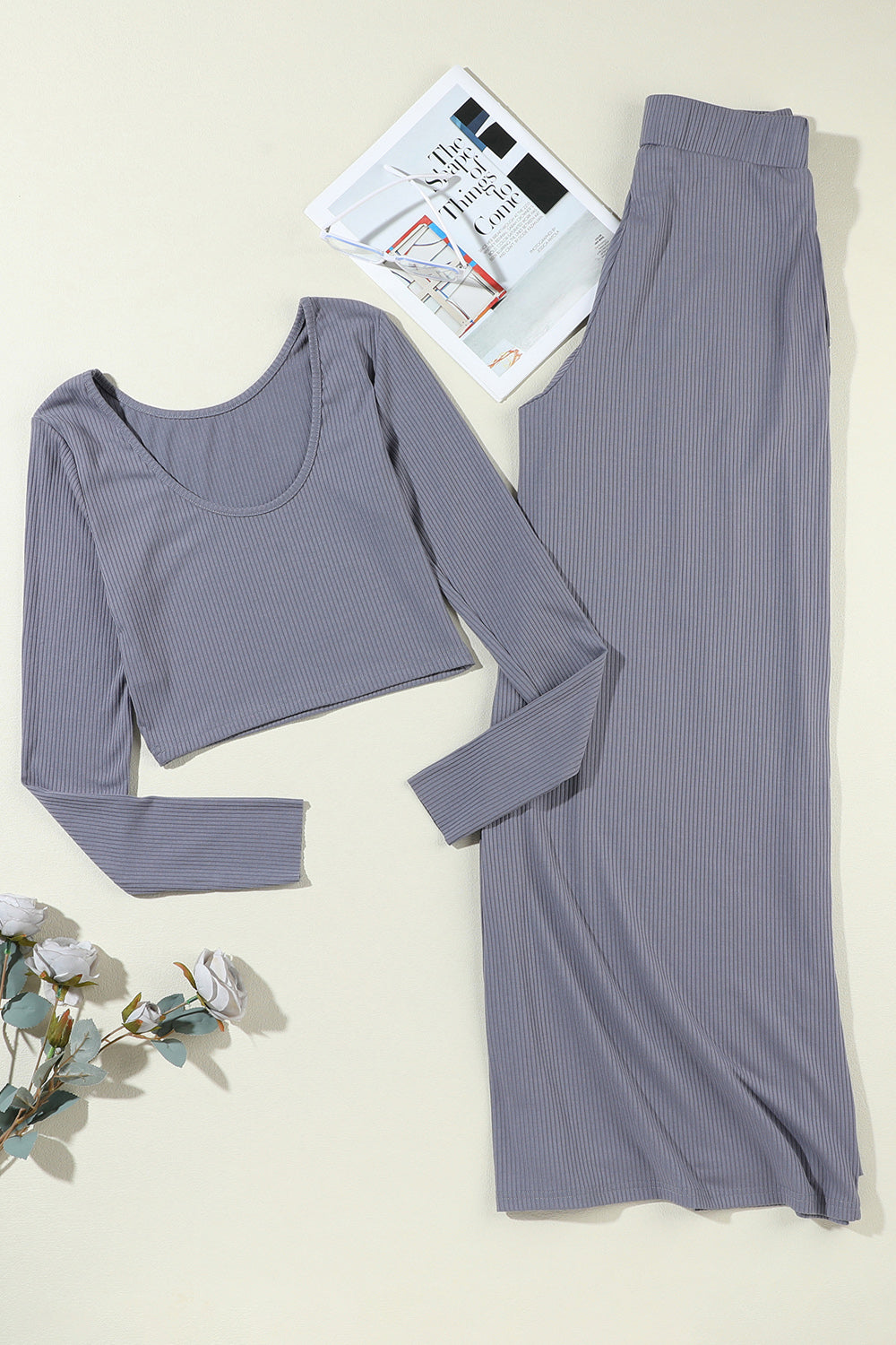 Ribbed Round Neck Top and Wide-Leg Pants Set - Tantalize Boutique