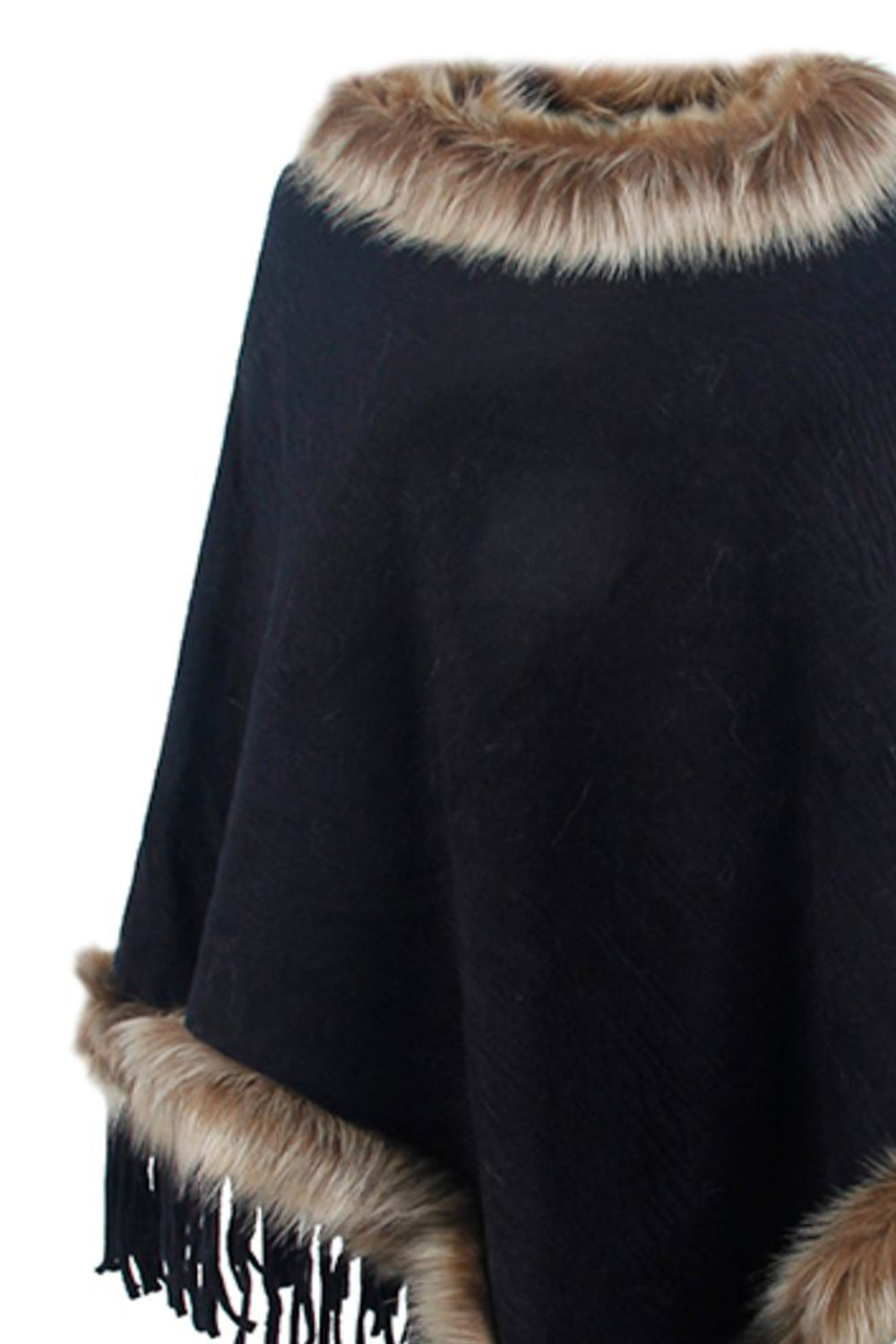 Faux Fur Trim Fringed Poncho - Tantalize Boutique