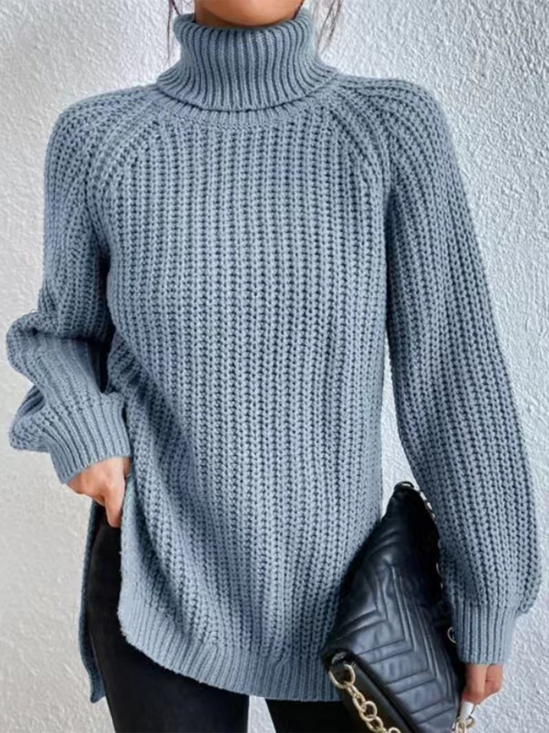 Full Size Turtleneck Rib-Knit Slit Sweater - Tantalize Boutique