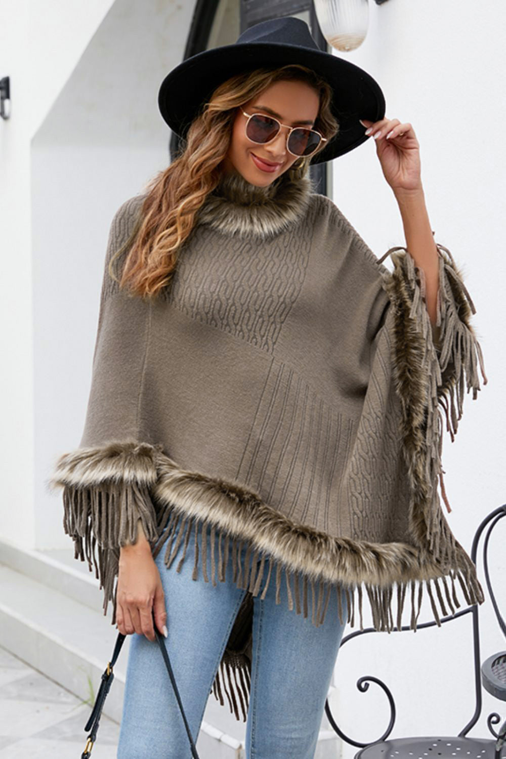Faux Fur Trim Fringed Poncho - Tantalize Boutique
