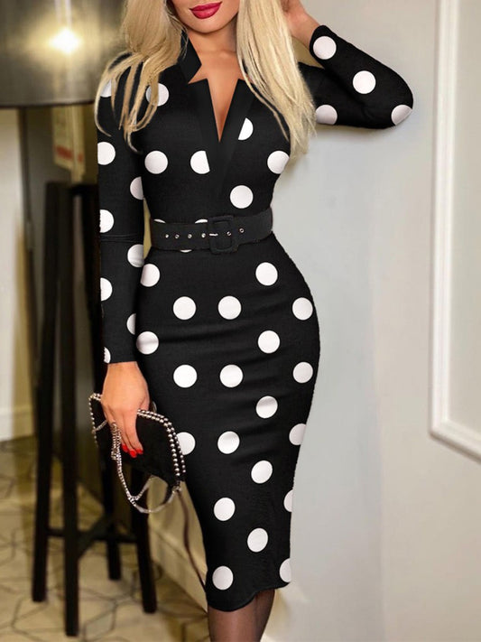 Printed Notched Long Sleeve Wrap Dress - Tantalize Boutique