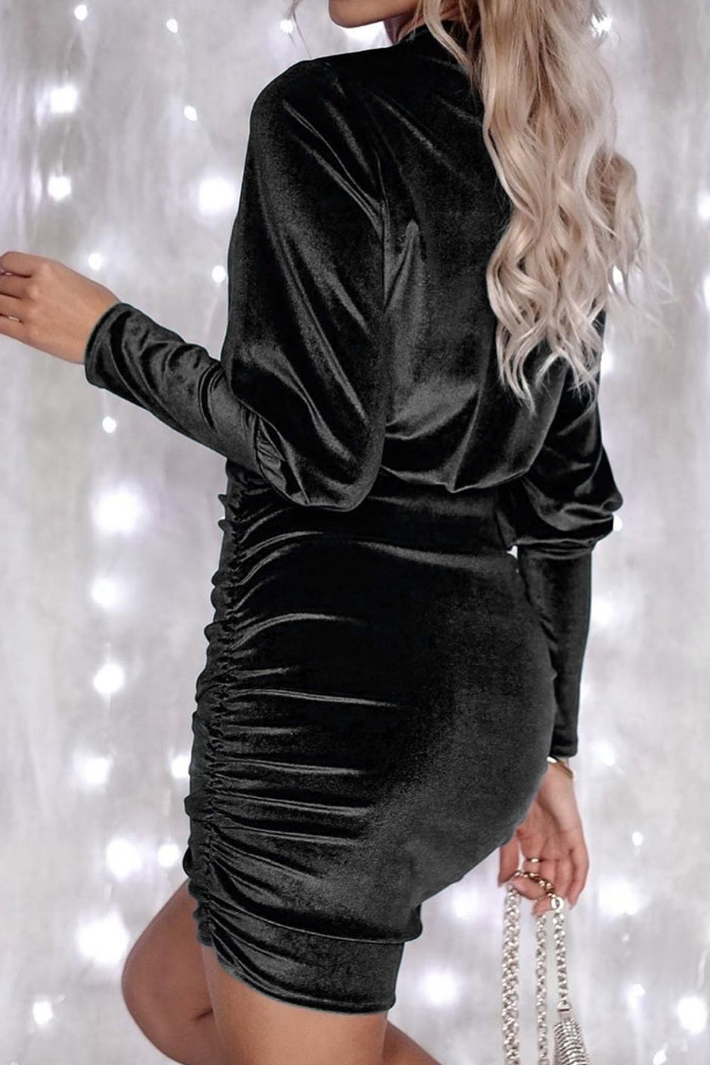 Ruched Round Neck Lantern Sleeve Mini Dress - Tantalize Boutique