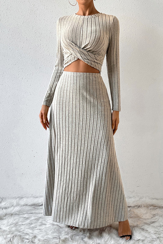 Ribbed Round Neck Top and Skirt Set - Tantalize Boutique