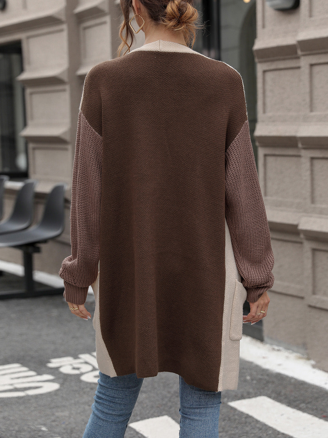 Contrast Open Front Long Sleeve Cardigan - Tantalize Boutique