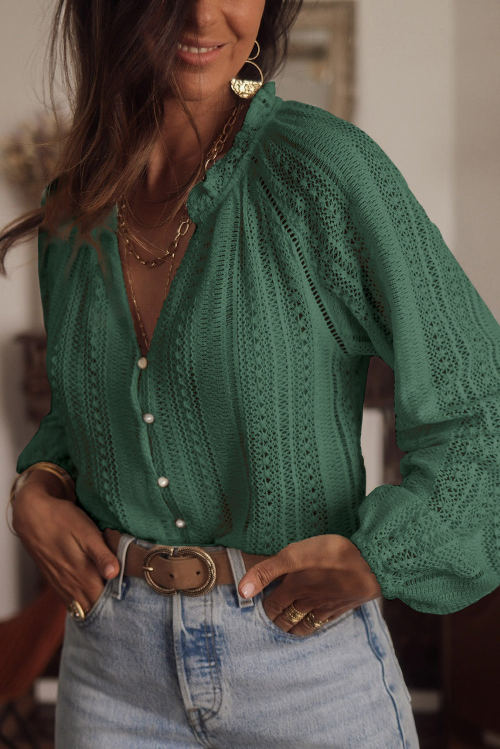 Openwork Button Up Long Sleeve Shirt - Tantalize Boutique