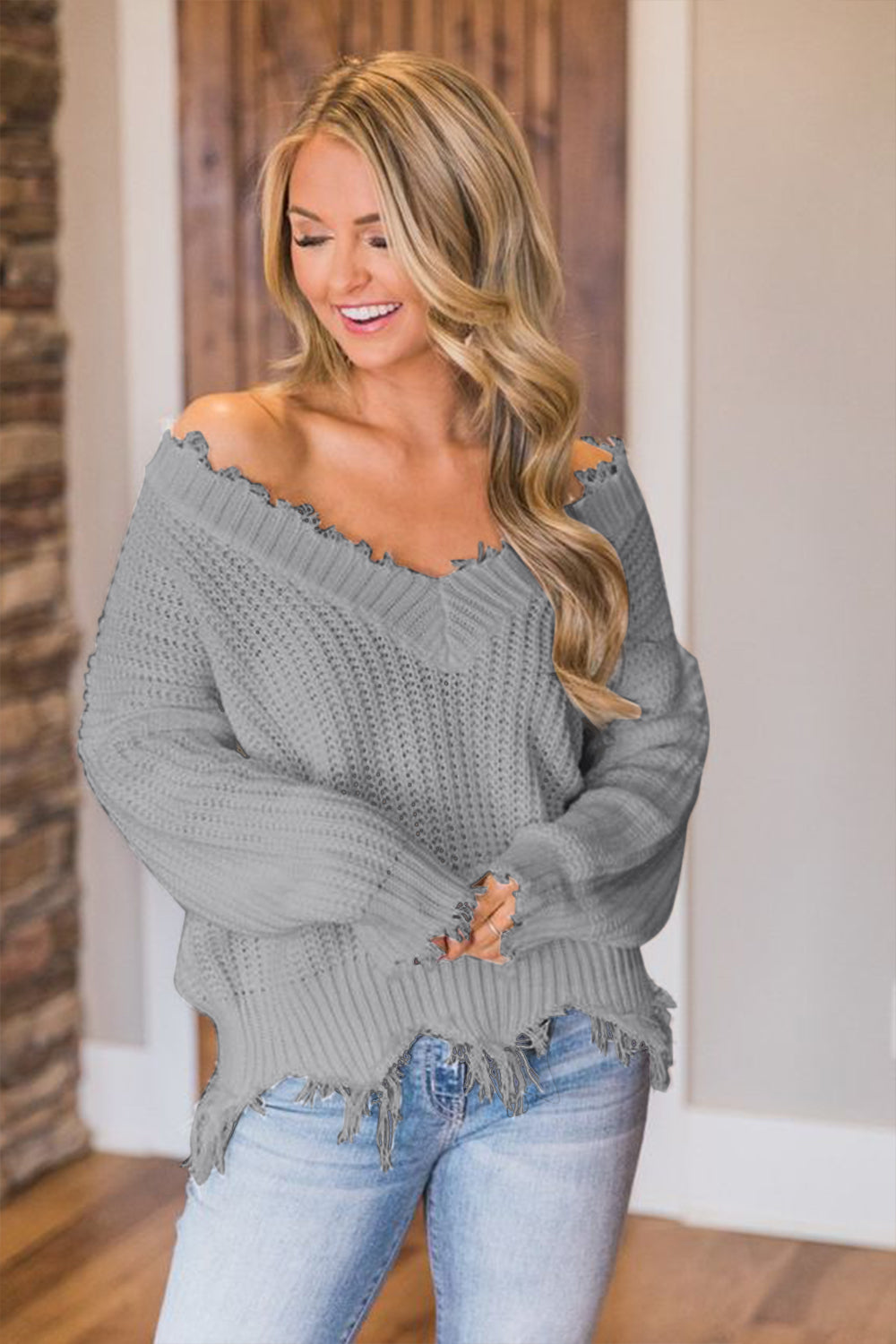 Frayed Hem Dropped Shoulder Sweater - Tantalize Boutique