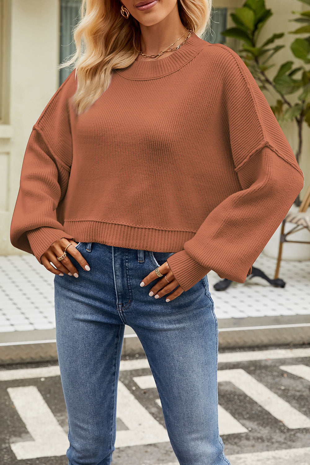 Round Neck Dropped Shoulder Sweater - Tantalize Boutique