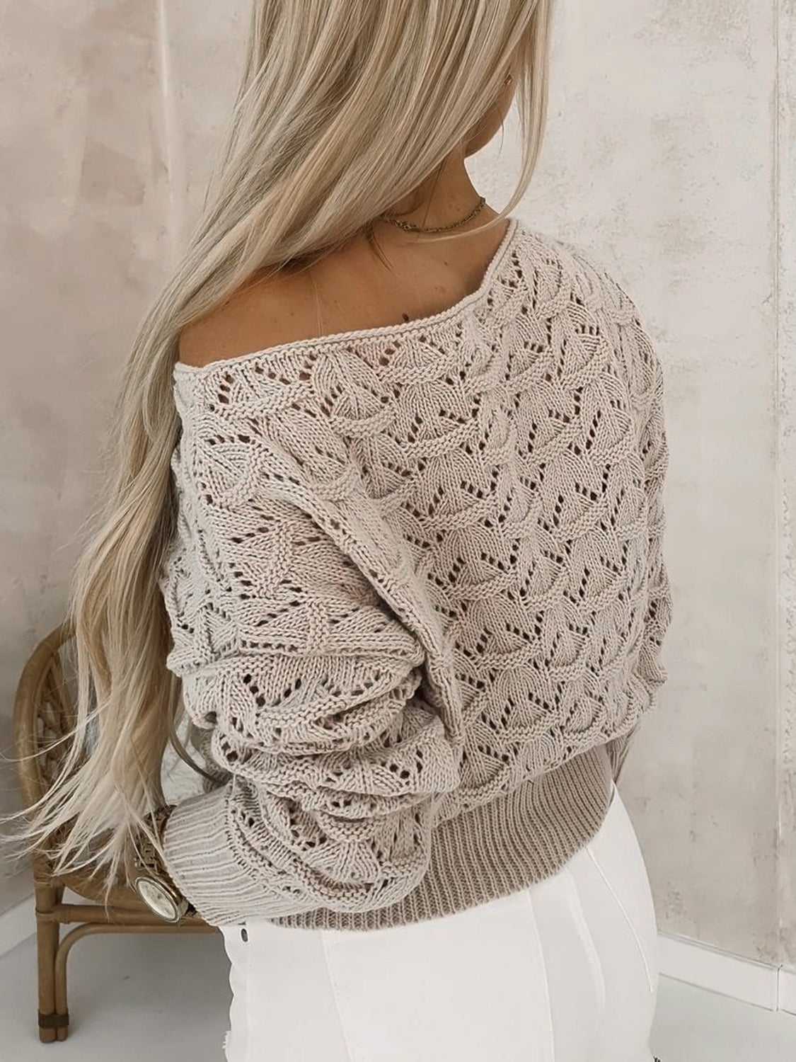 Openwork Plain Pullover Sweater - Tantalize Boutique