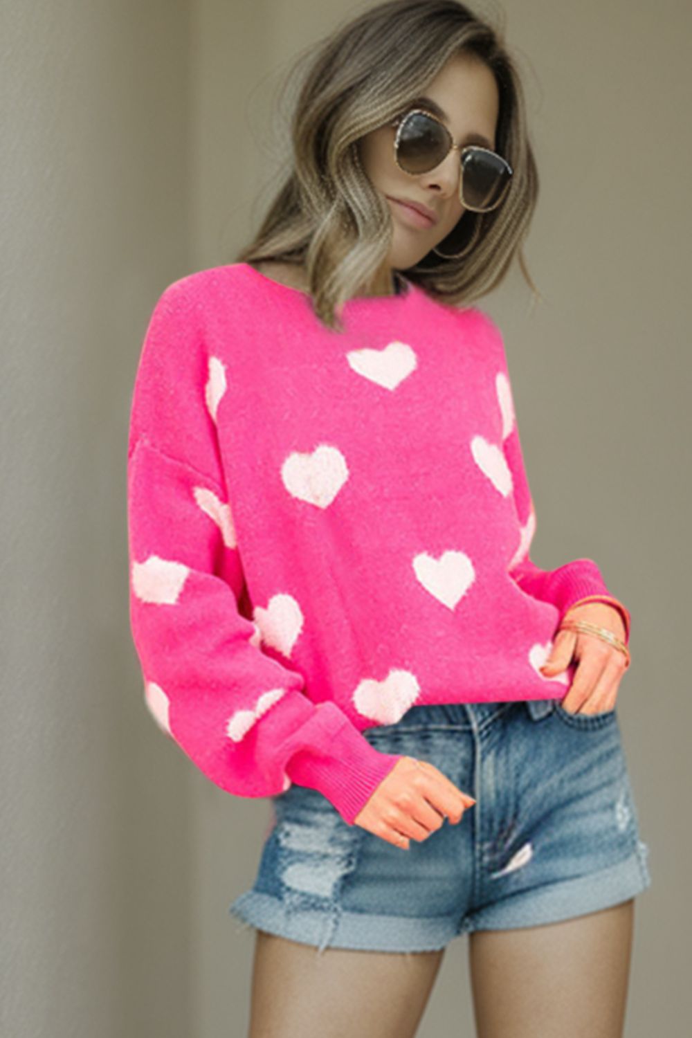 Heart Round Neck Dropped Shoulder Sweater - Tantalize Boutique