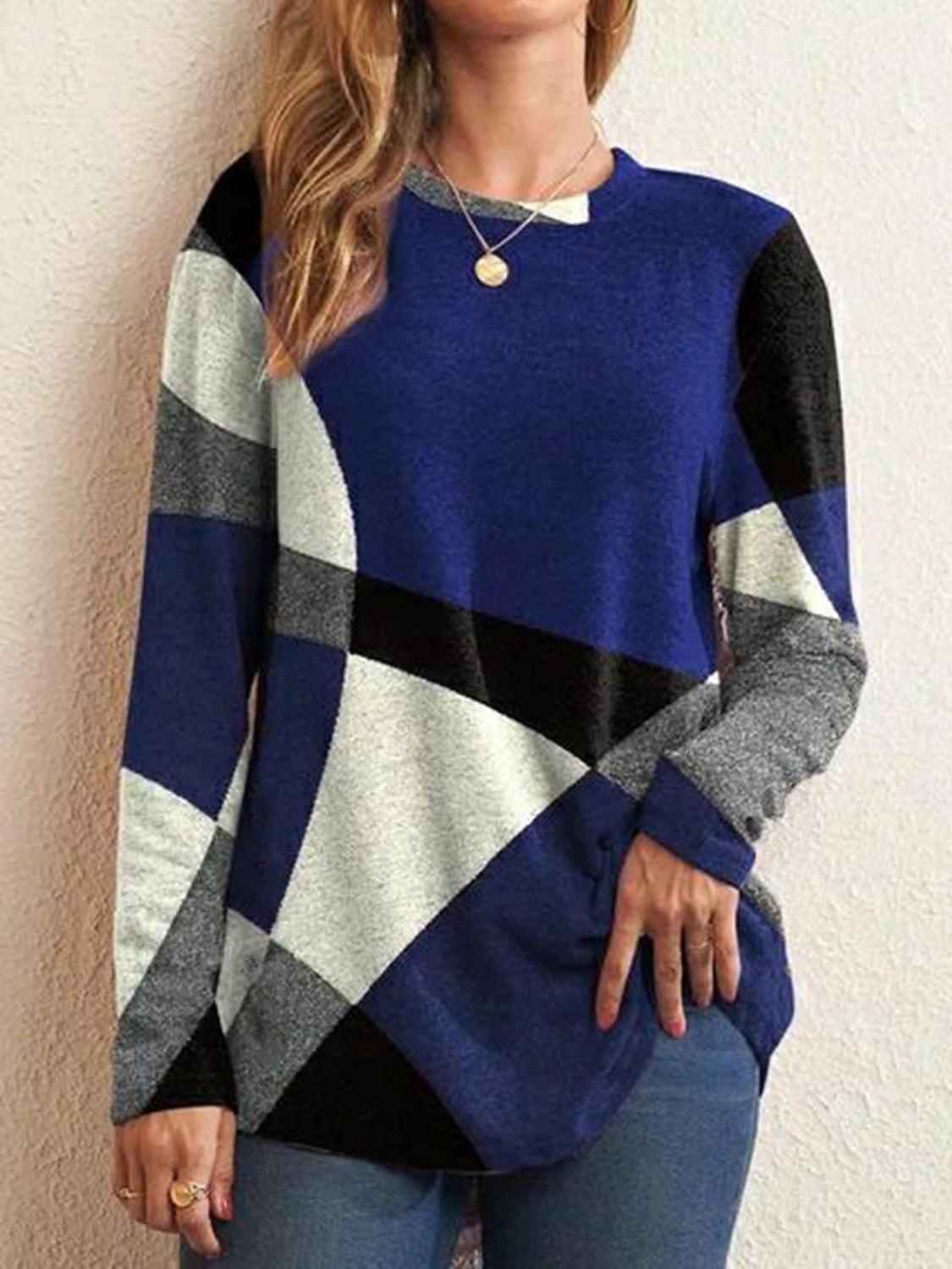 Geometric Round Neck Long Sleeve T-Shirt - Tantalize Boutique