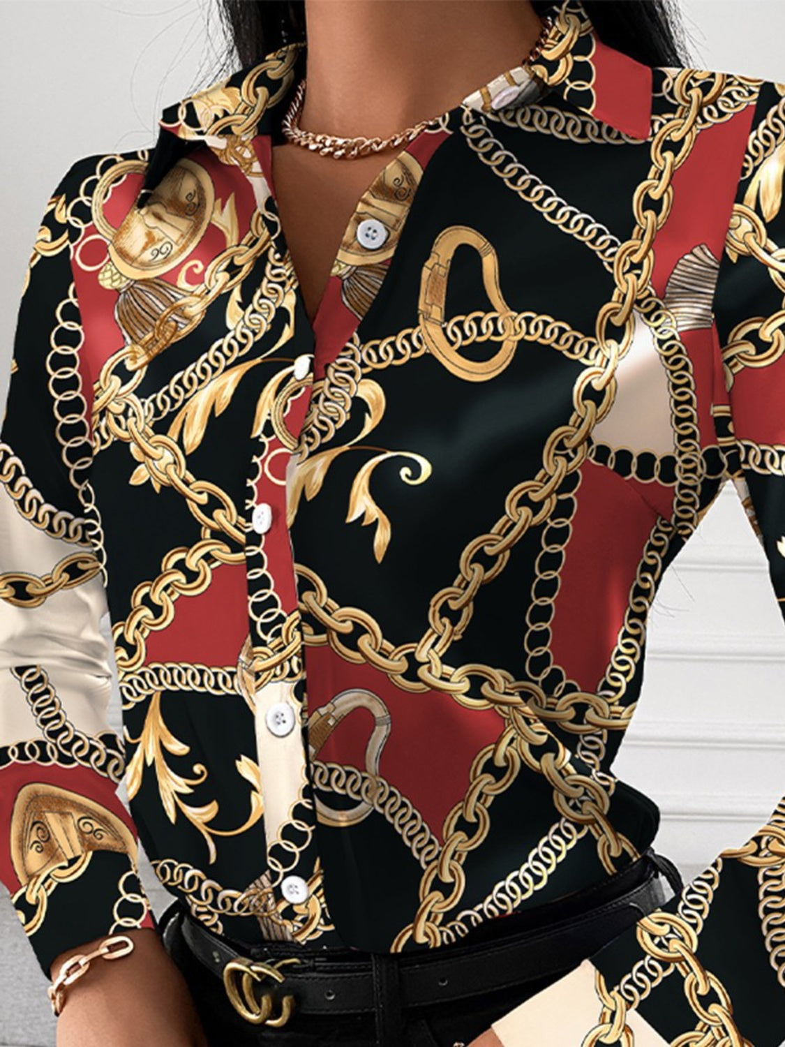 Printed Collared Neck Long Sleeve Shirt - Tantalize Boutique