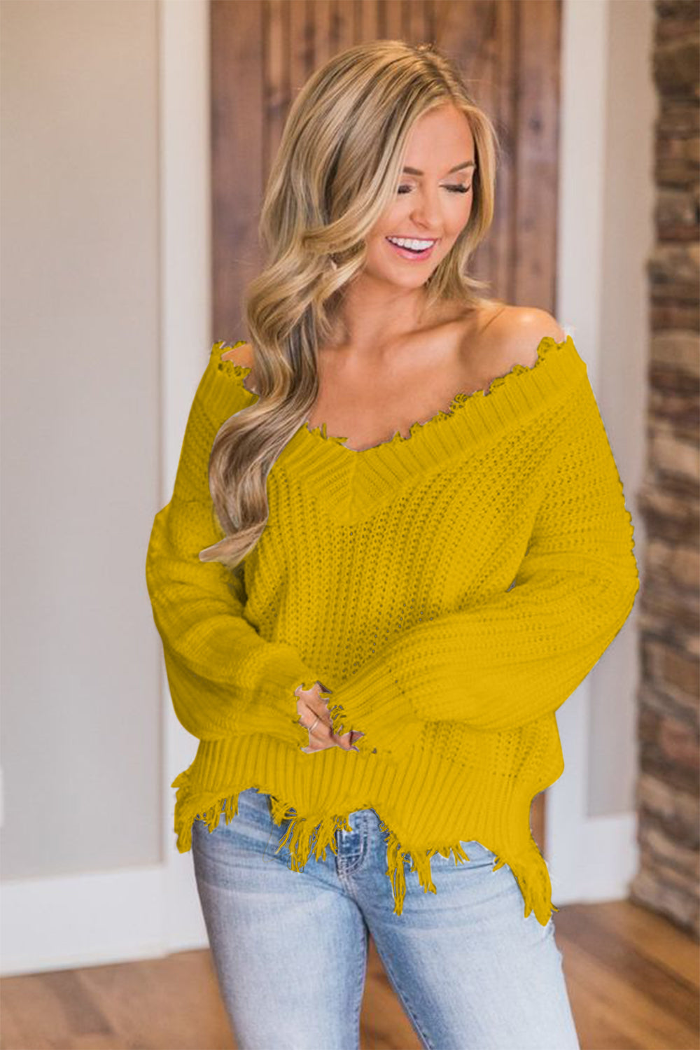 Frayed Hem Dropped Shoulder Sweater - Tantalize Boutique