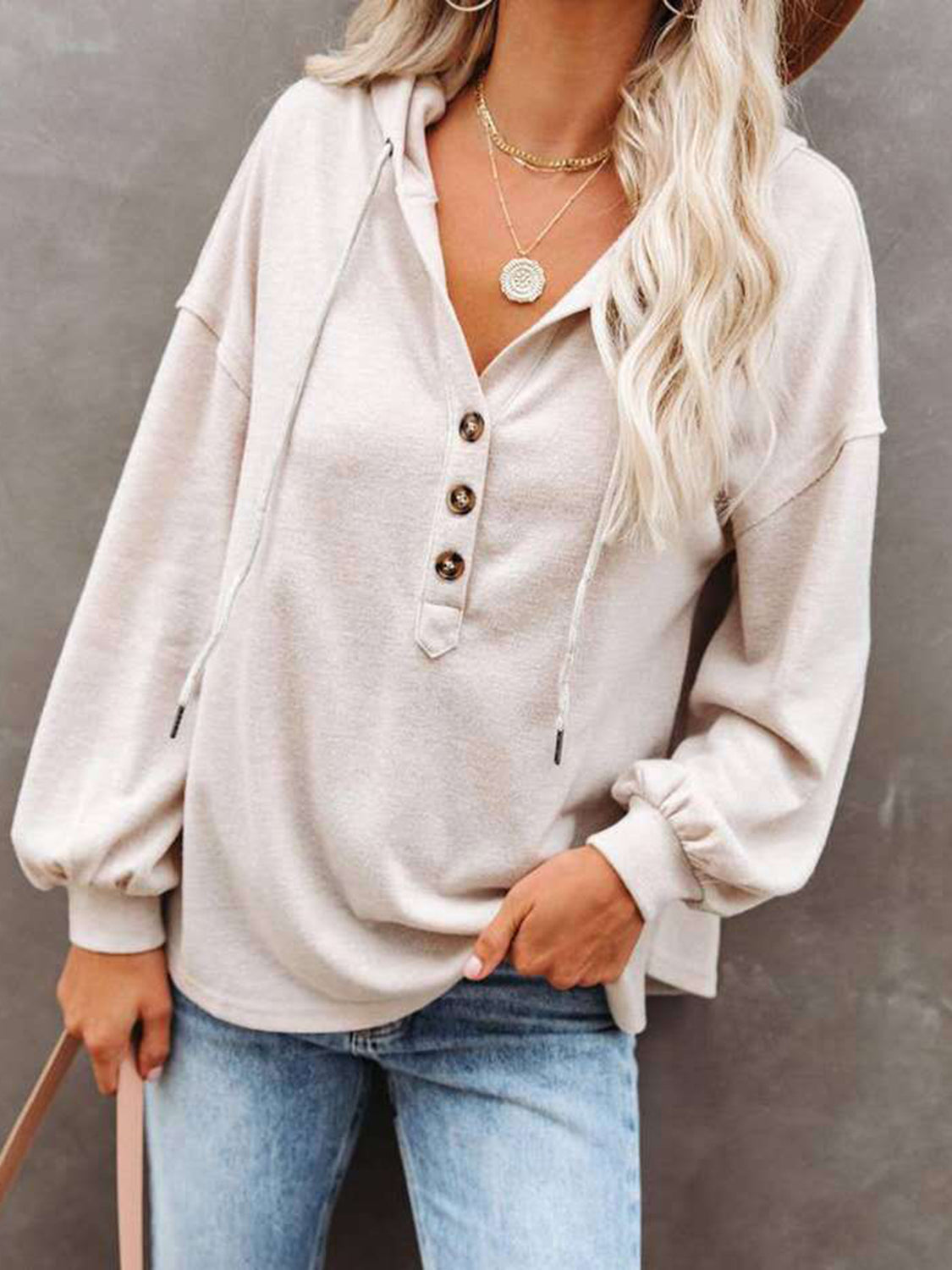 Buttoned Drop Shoulder Hoodie - Tantalize Boutique