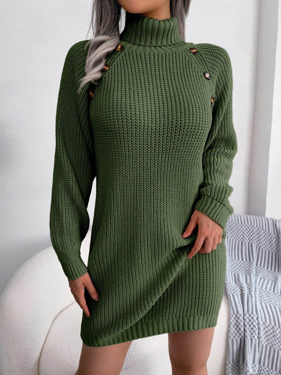 Decorative Button Turtleneck Sweater Dress - Tantalize Boutique
